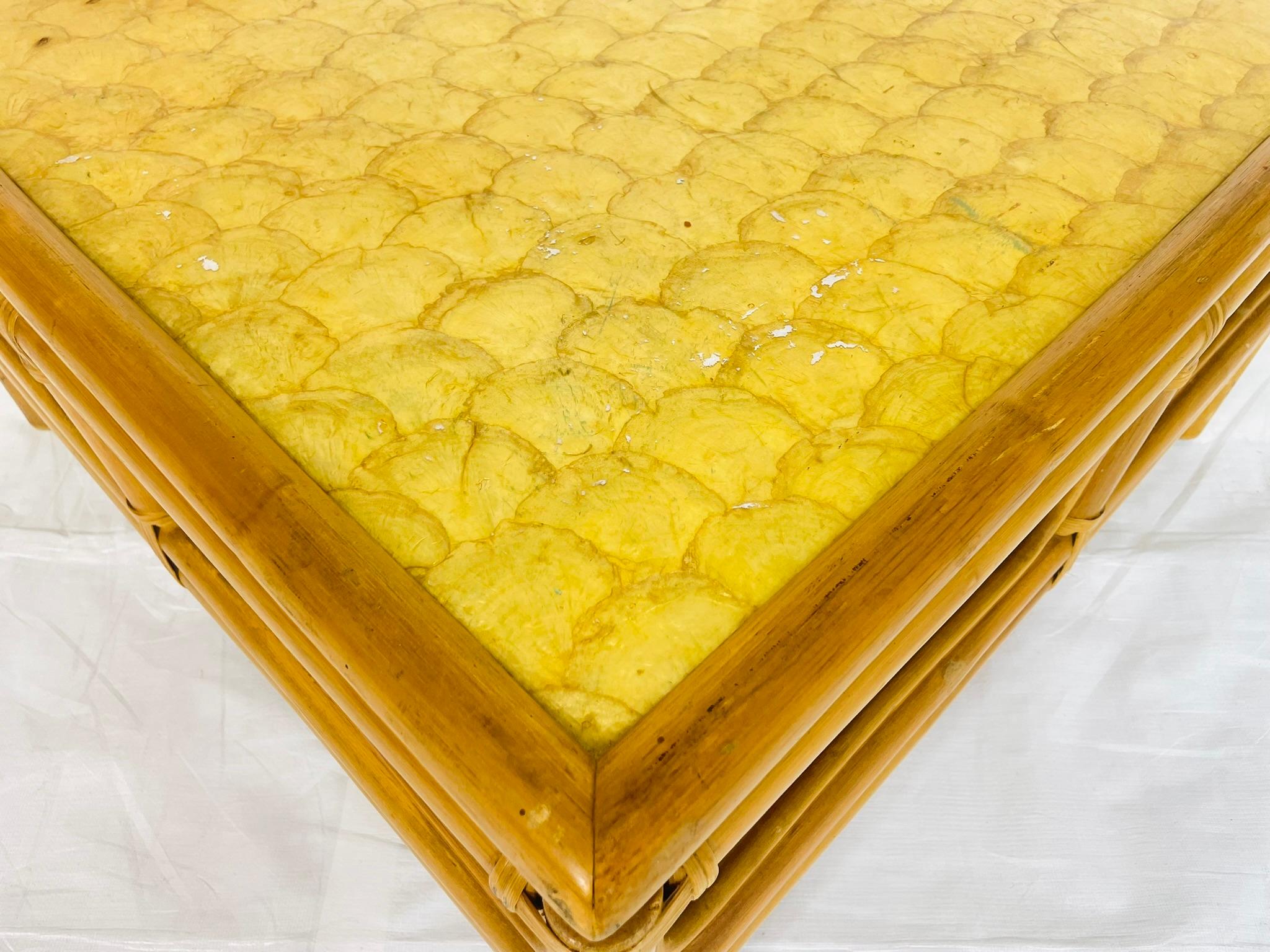 Vintage Bamboo Coffee Table with Capiz Shell Inlaid Top, 1970s For Sale 3