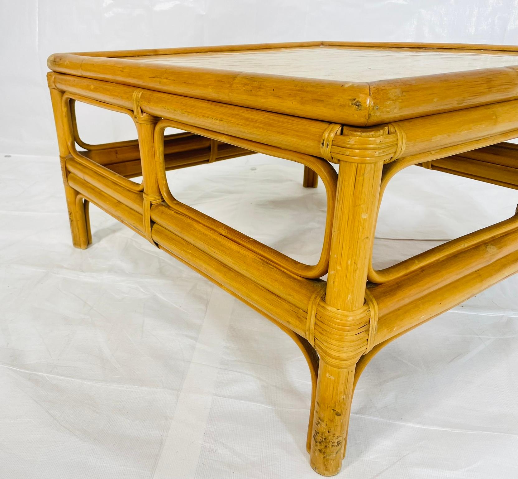 Vintage Bamboo Coffee Table with Capiz Shell Inlaid Top, 1970s For Sale 4