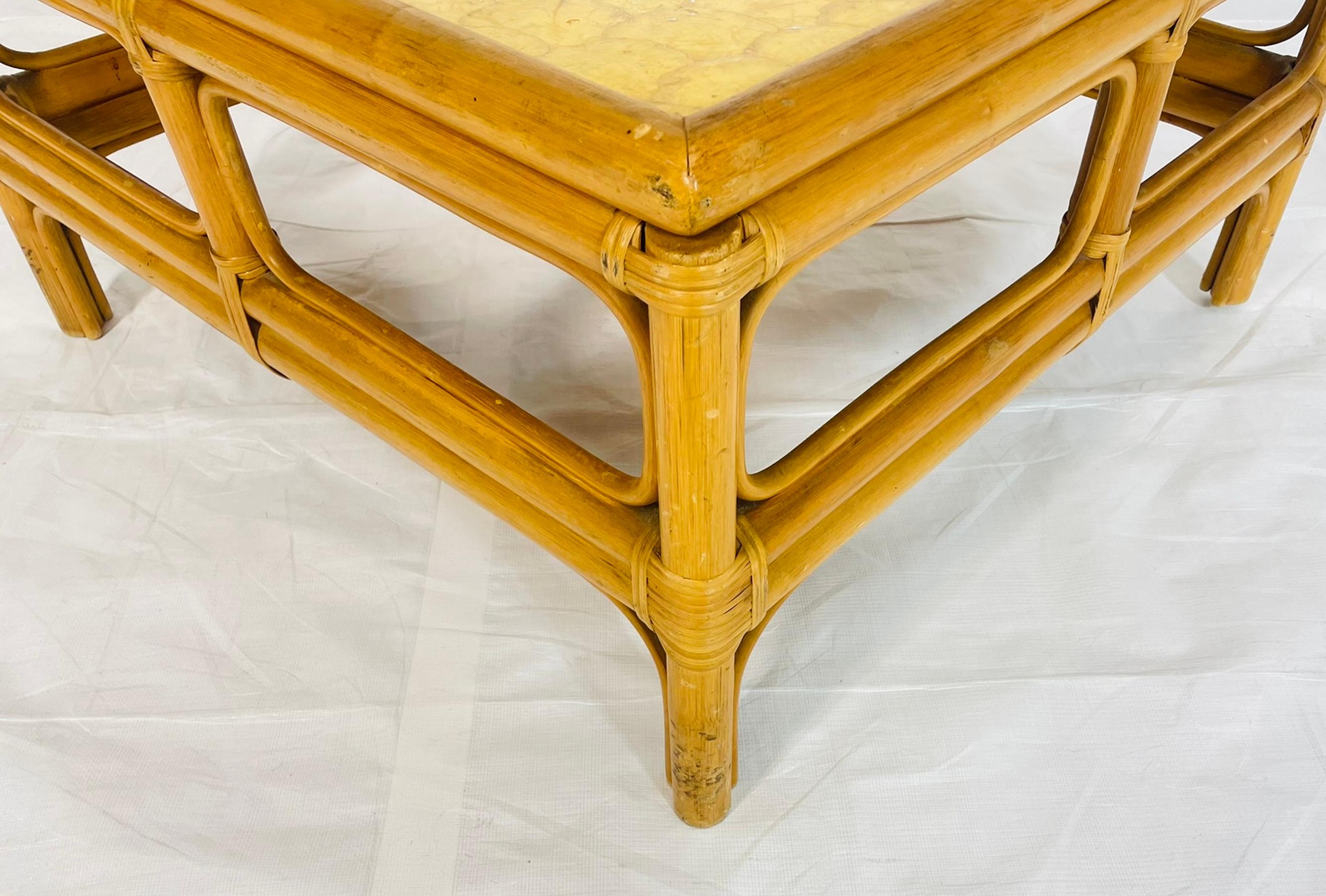 Vintage Bamboo Coffee Table with Capiz Shell Inlaid Top, 1970s For Sale 5