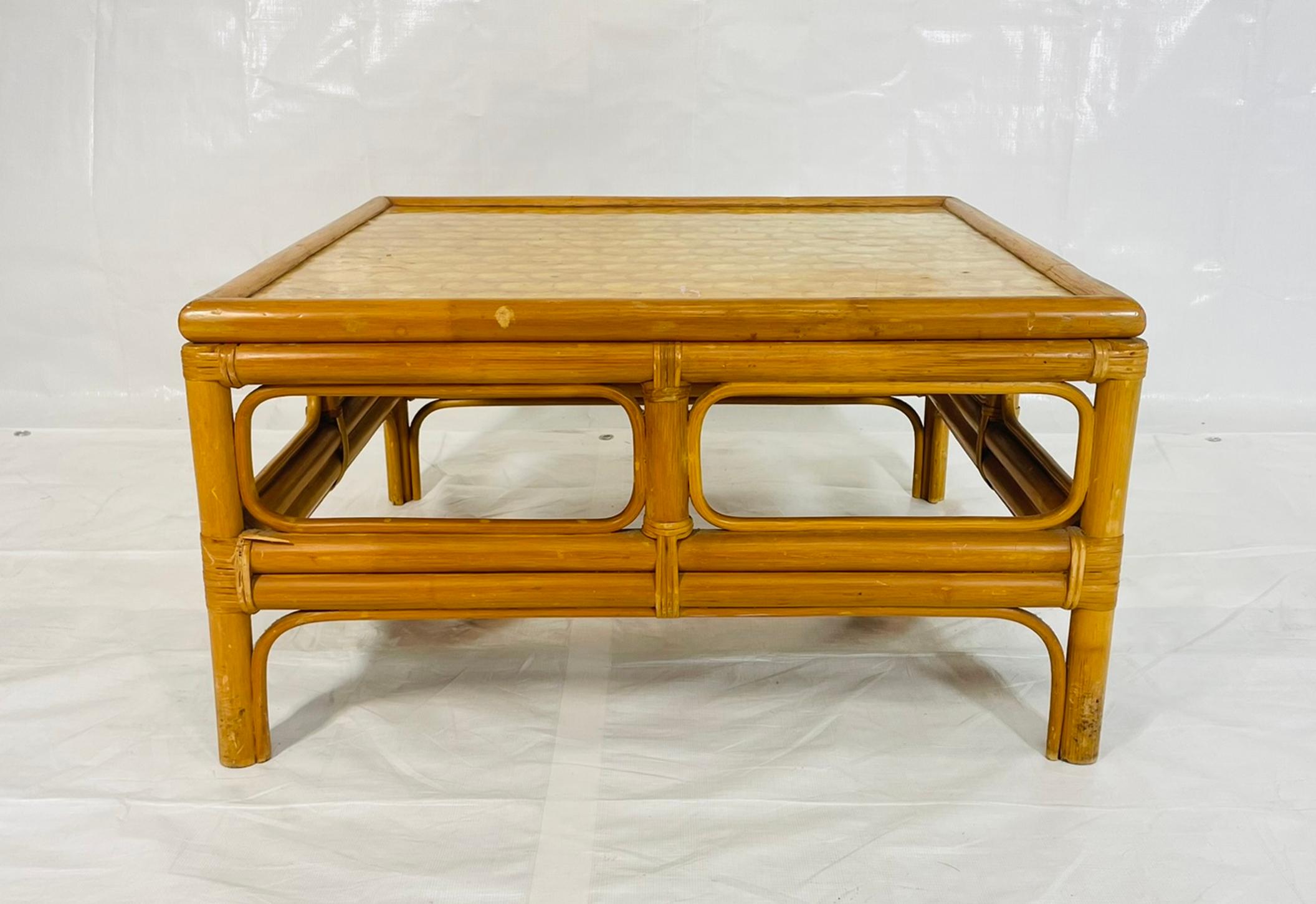 Mid-Century Modern Vintage Bamboo Coffee Table with Capiz Shell Inlaid Top, 1970s For Sale