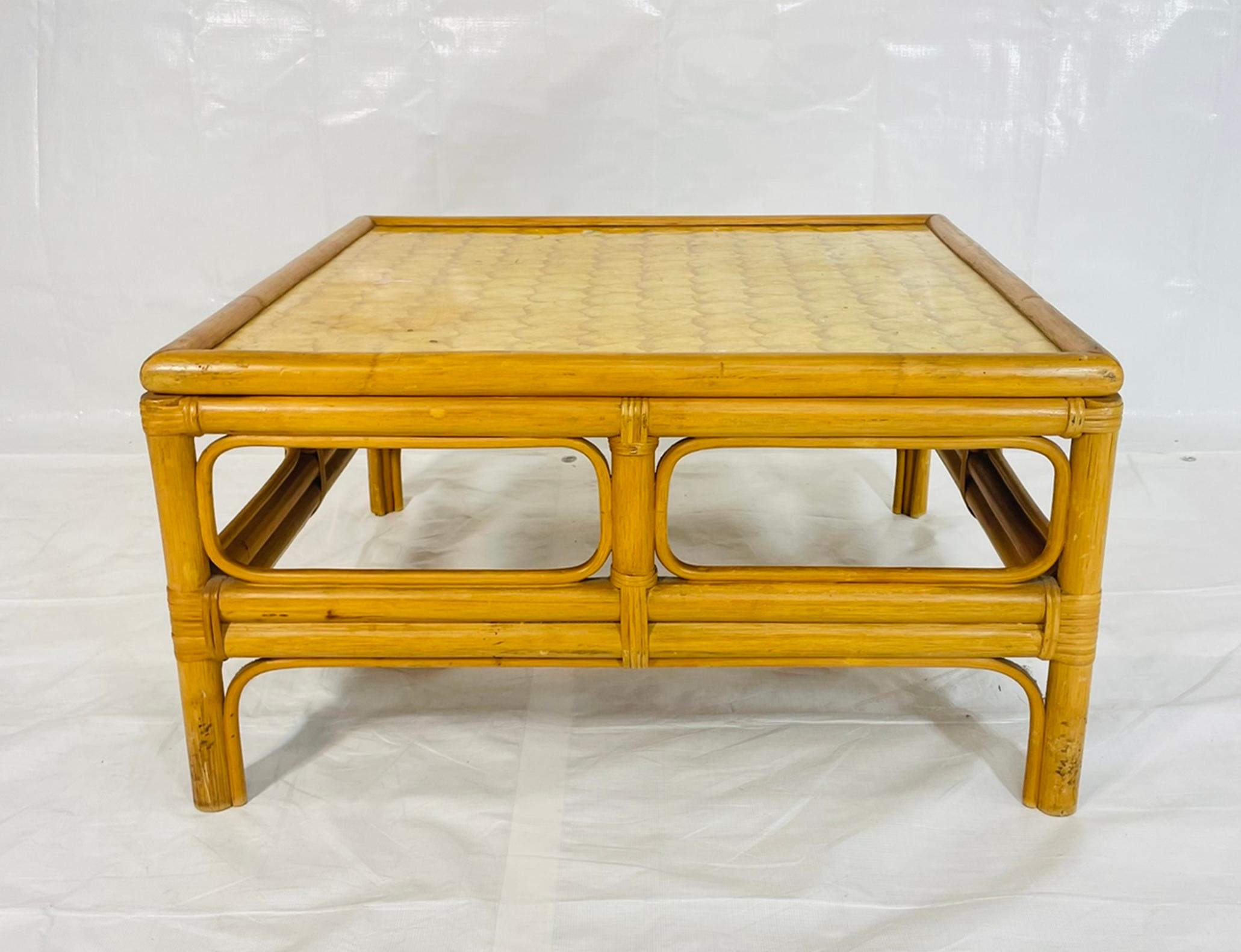 Hand-Crafted Vintage Bamboo Coffee Table with Capiz Shell Inlaid Top, 1970s For Sale