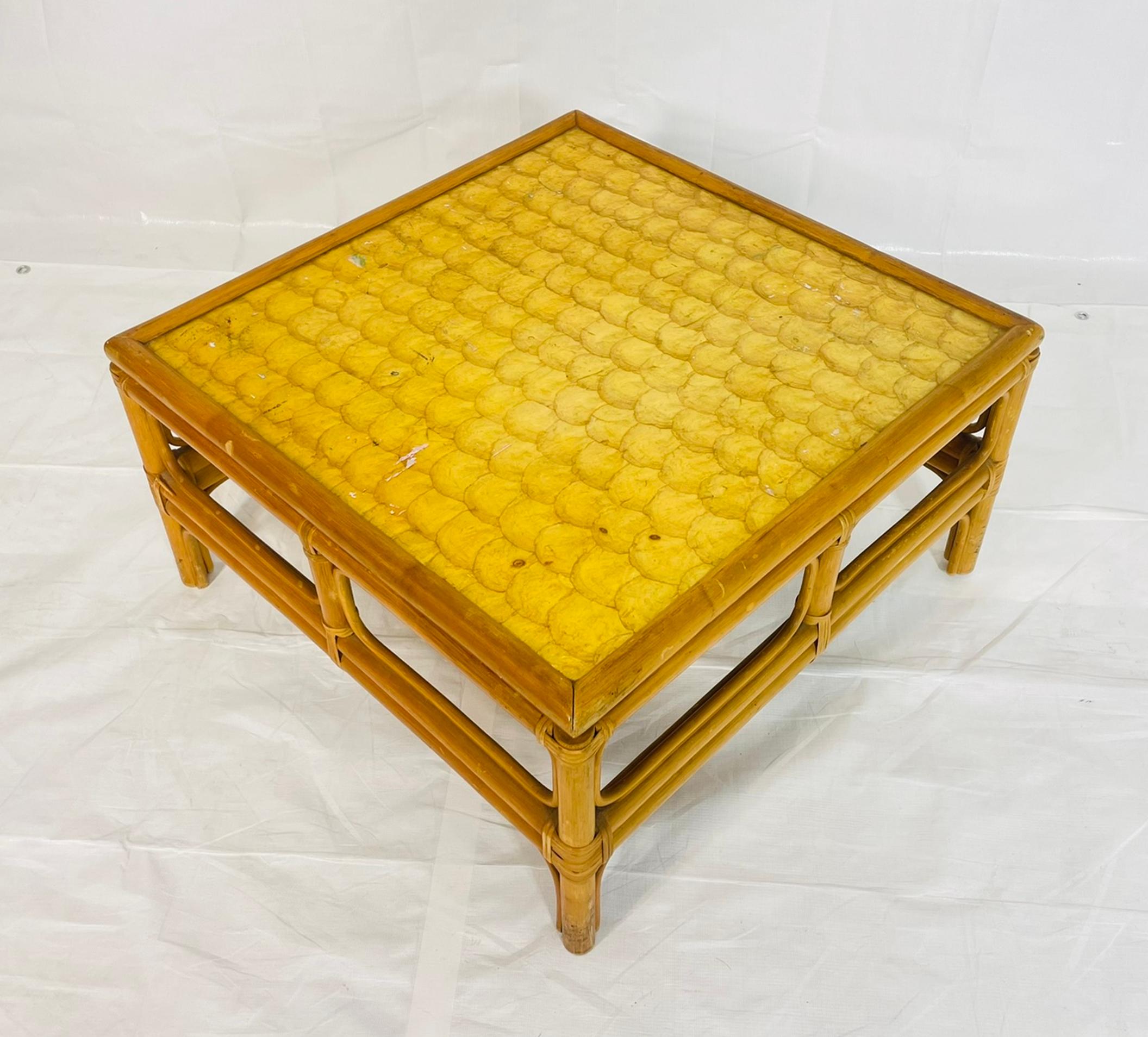 Vintage Bamboo Coffee Table with Capiz Shell Inlaid Top, 1970s In Fair Condition For Sale In Los Angeles, CA