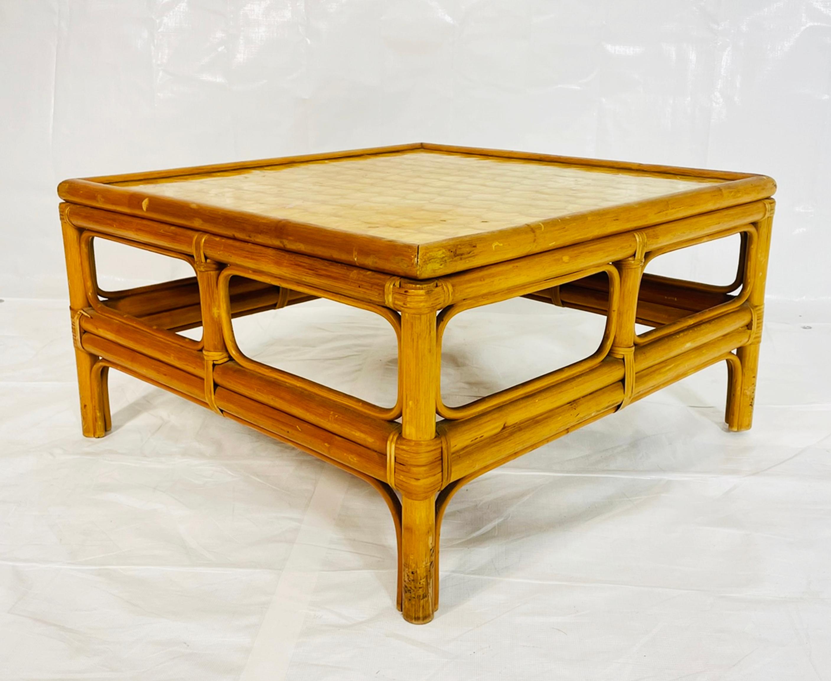 Late 20th Century Vintage Bamboo Coffee Table with Capiz Shell Inlaid Top, 1970s For Sale