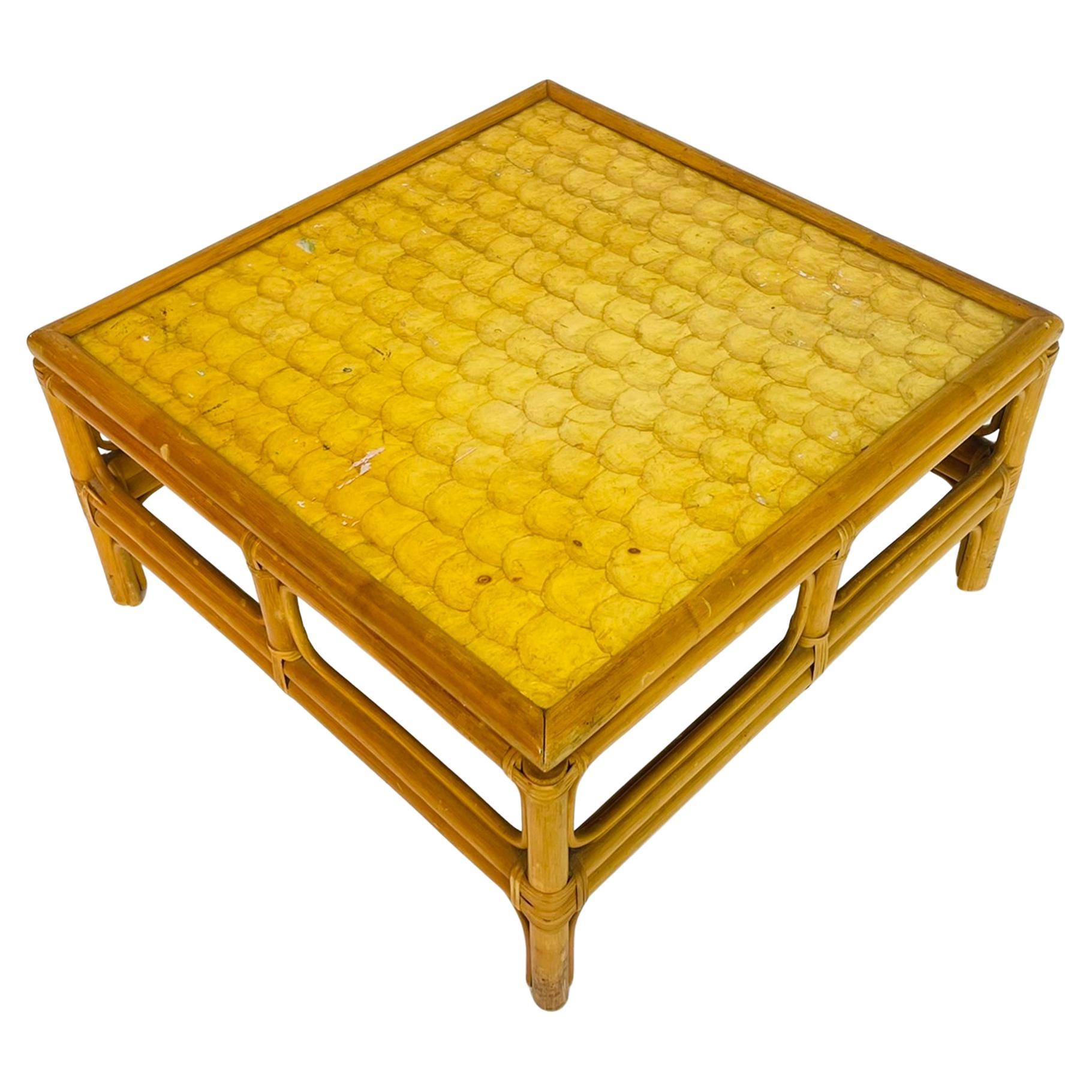 Vintage Bamboo Coffee Table with Capiz Shell Inlaid Top, 1970s For Sale