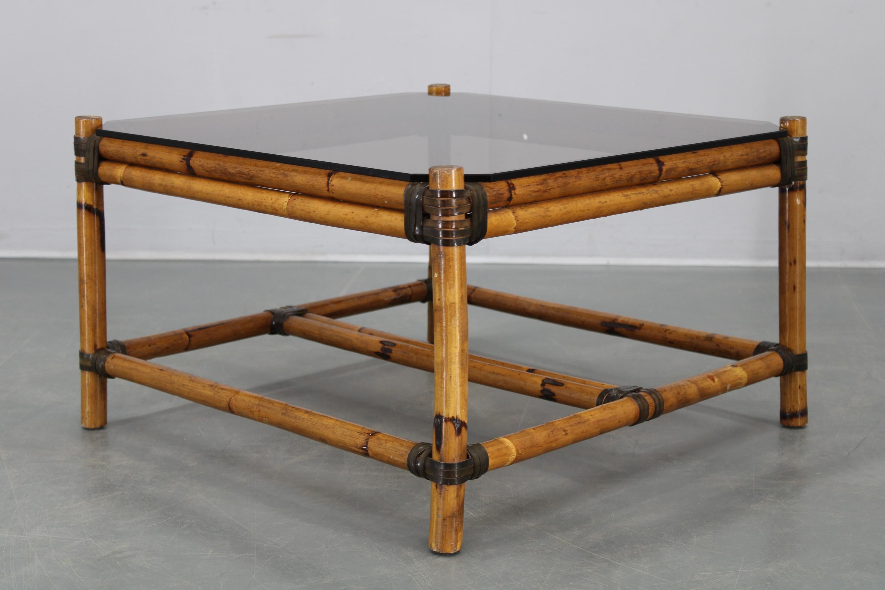 Vintage Bamboo Coffee Table with Smoked Glass Top For Sale 7