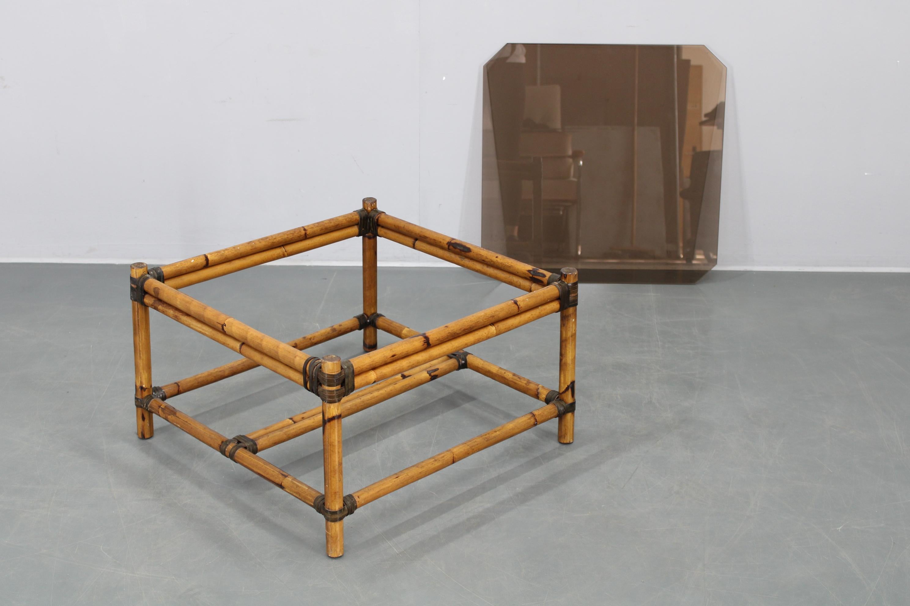 Late 20th Century Vintage Bamboo Coffee Table with Smoked Glass Top For Sale