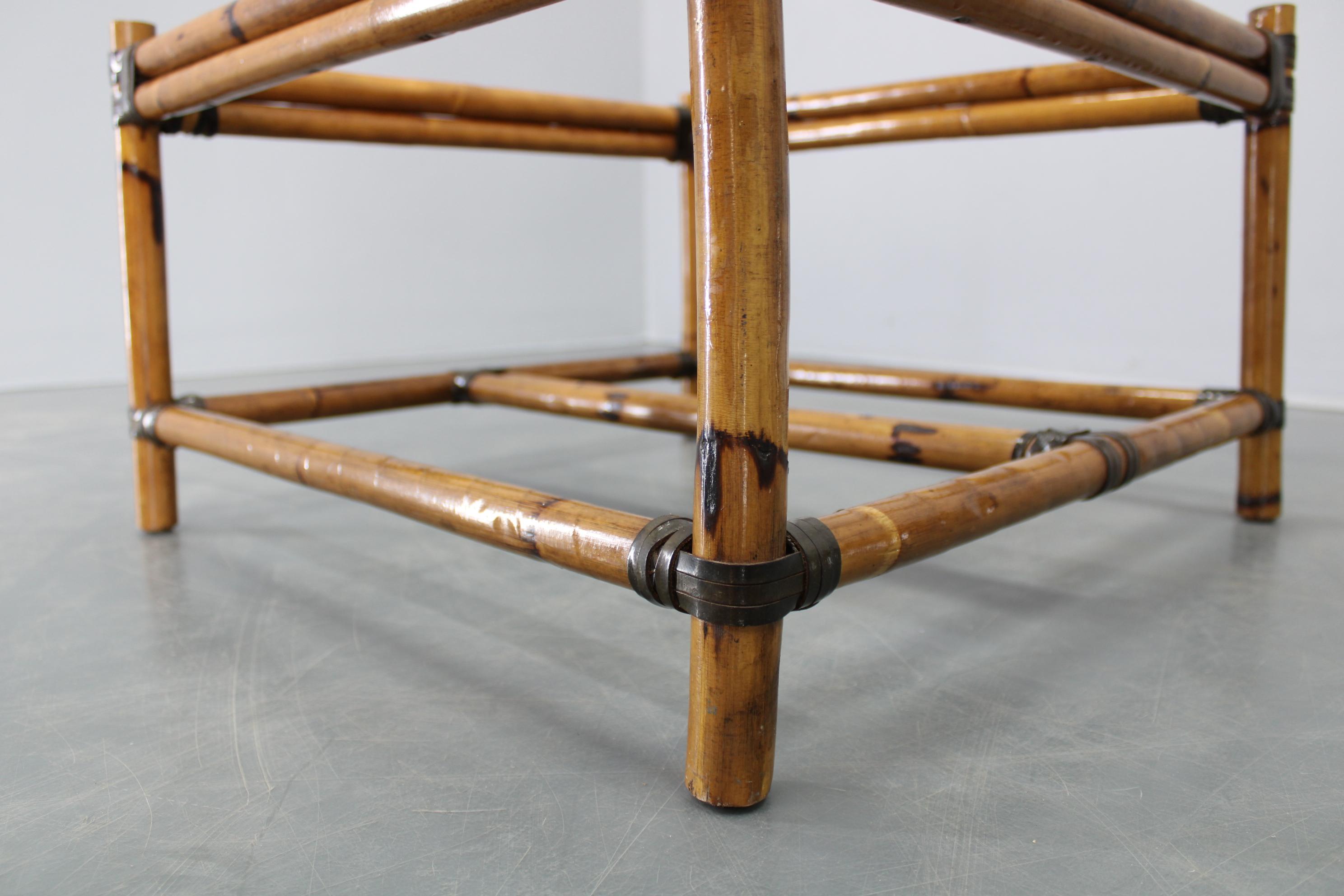 Vintage Bamboo Coffee Table with Smoked Glass Top For Sale 3