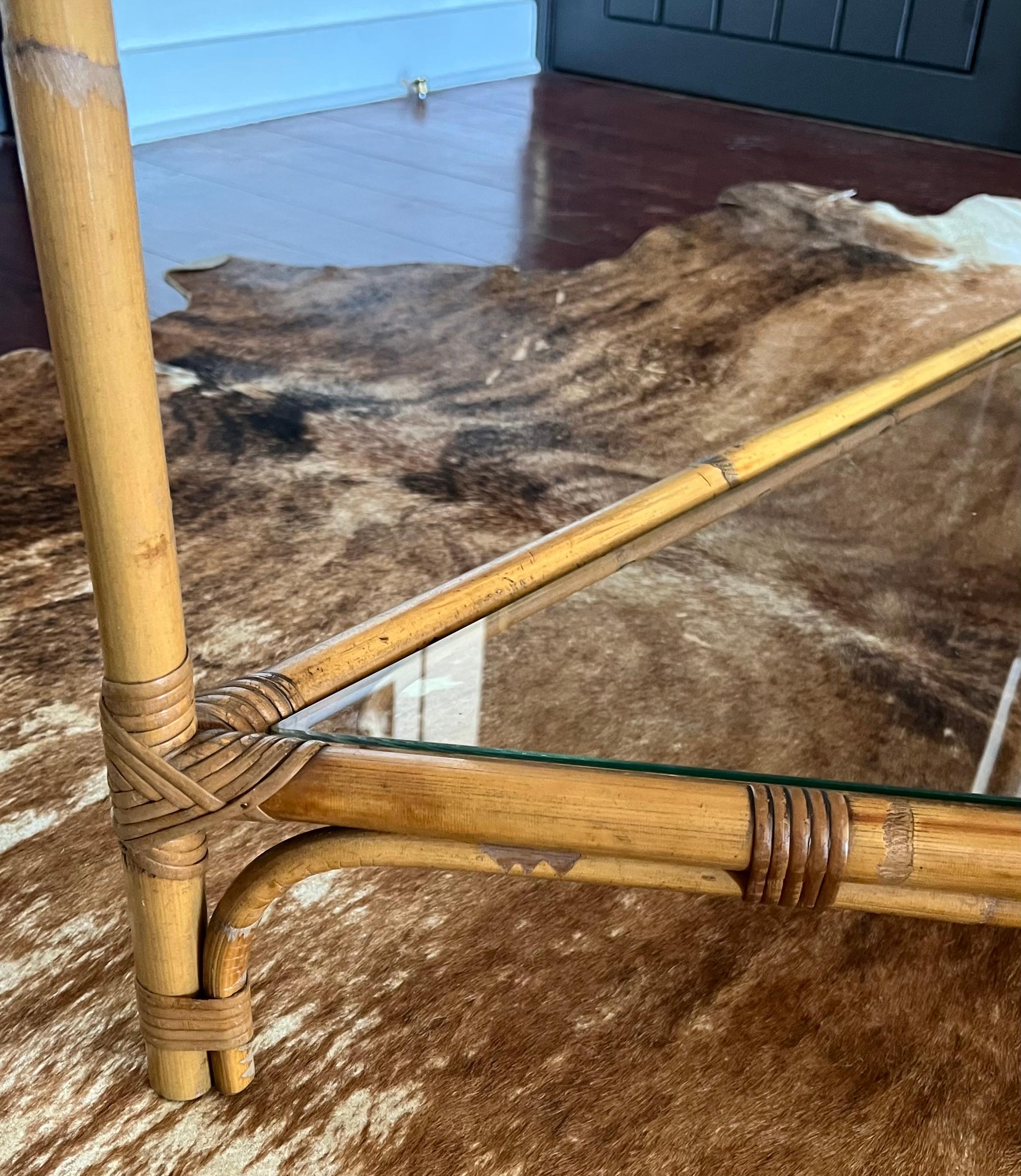 Bamboo and Glass Console Table – Coastal Boho Entryway Bar, 1970s 5
