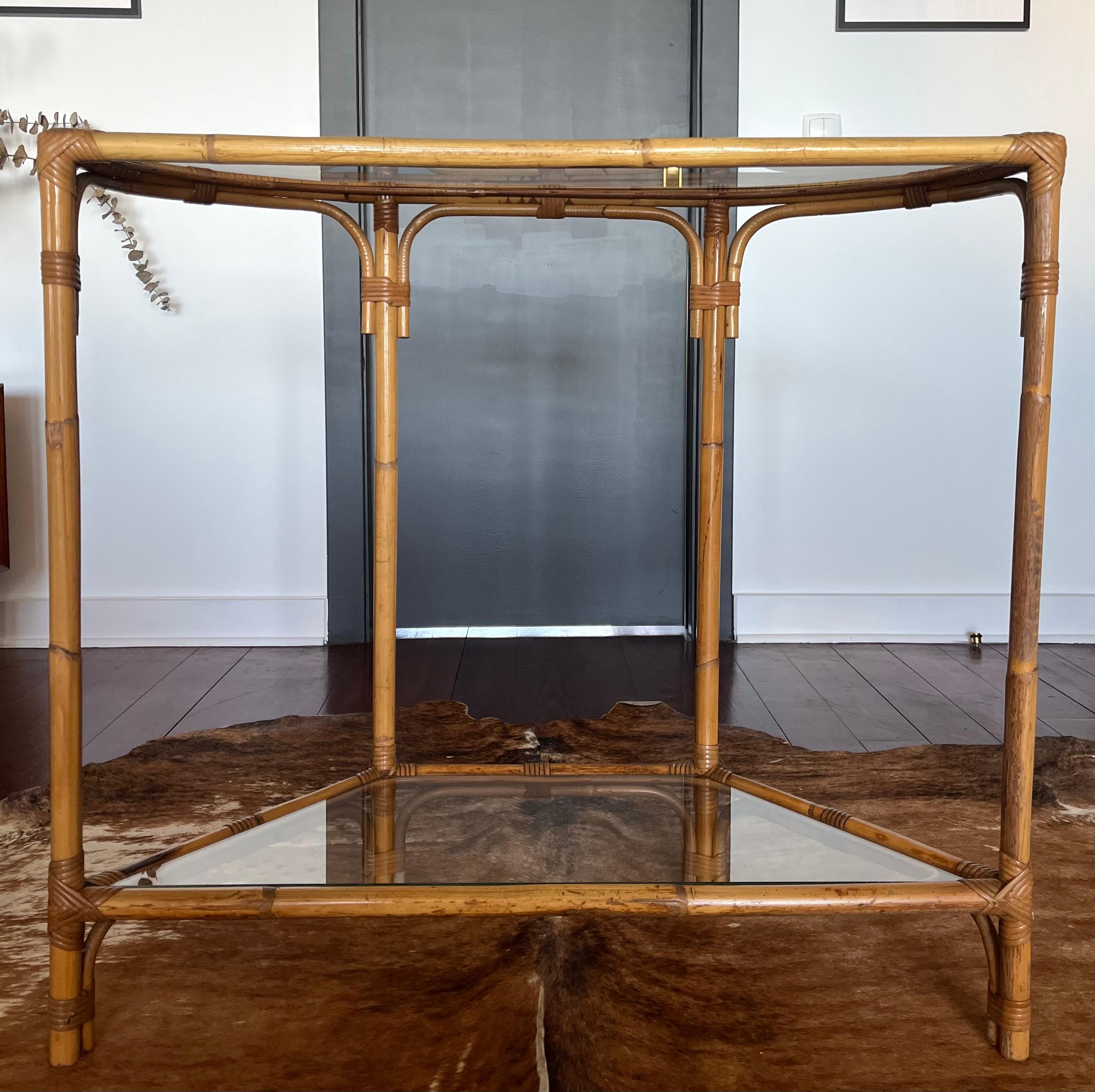 Bamboo and Glass Console Table – Coastal Boho Entryway Bar, 1970s 6