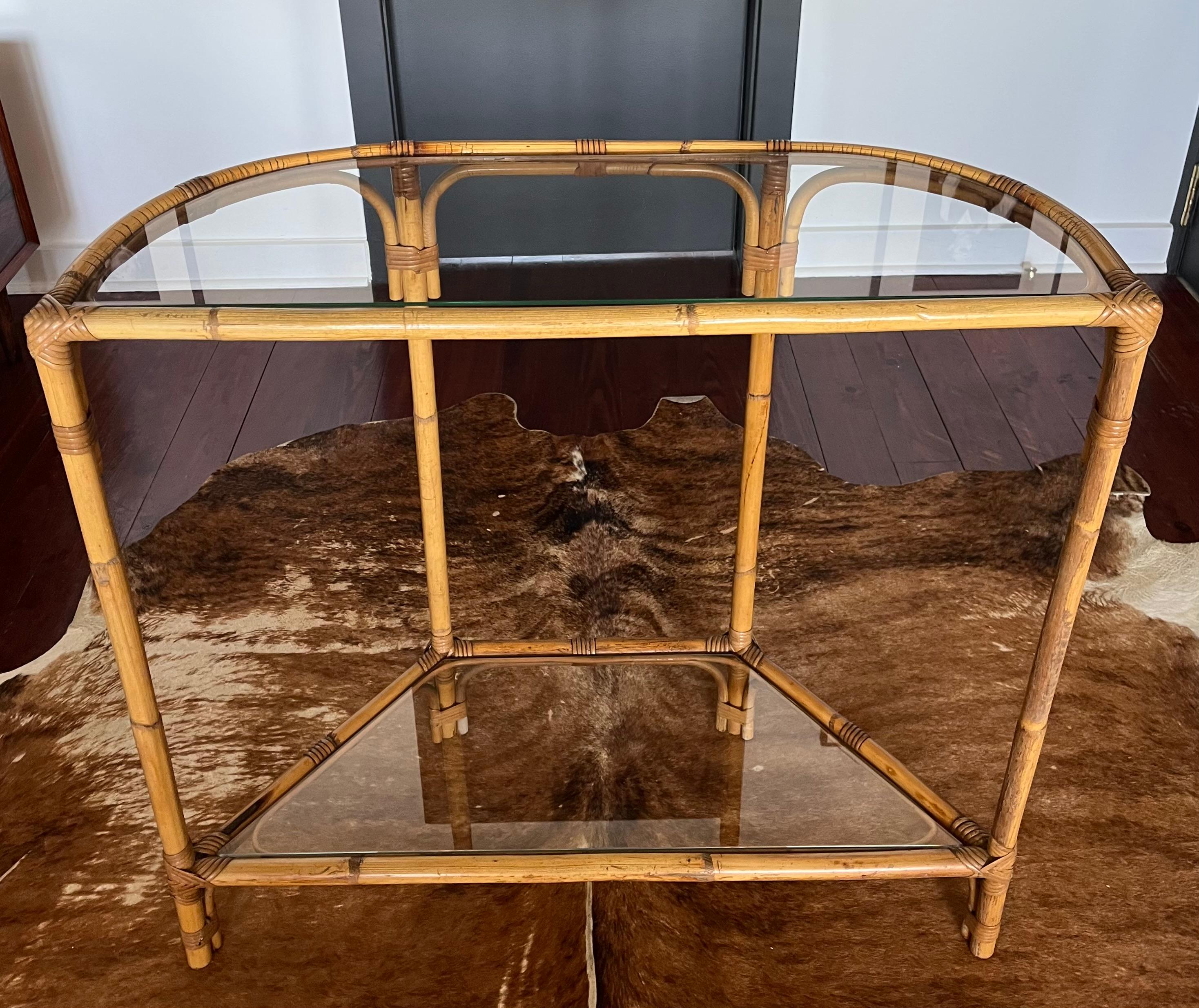 Bamboo and Glass Console Table – Coastal Boho Entryway Bar, 1970s 7