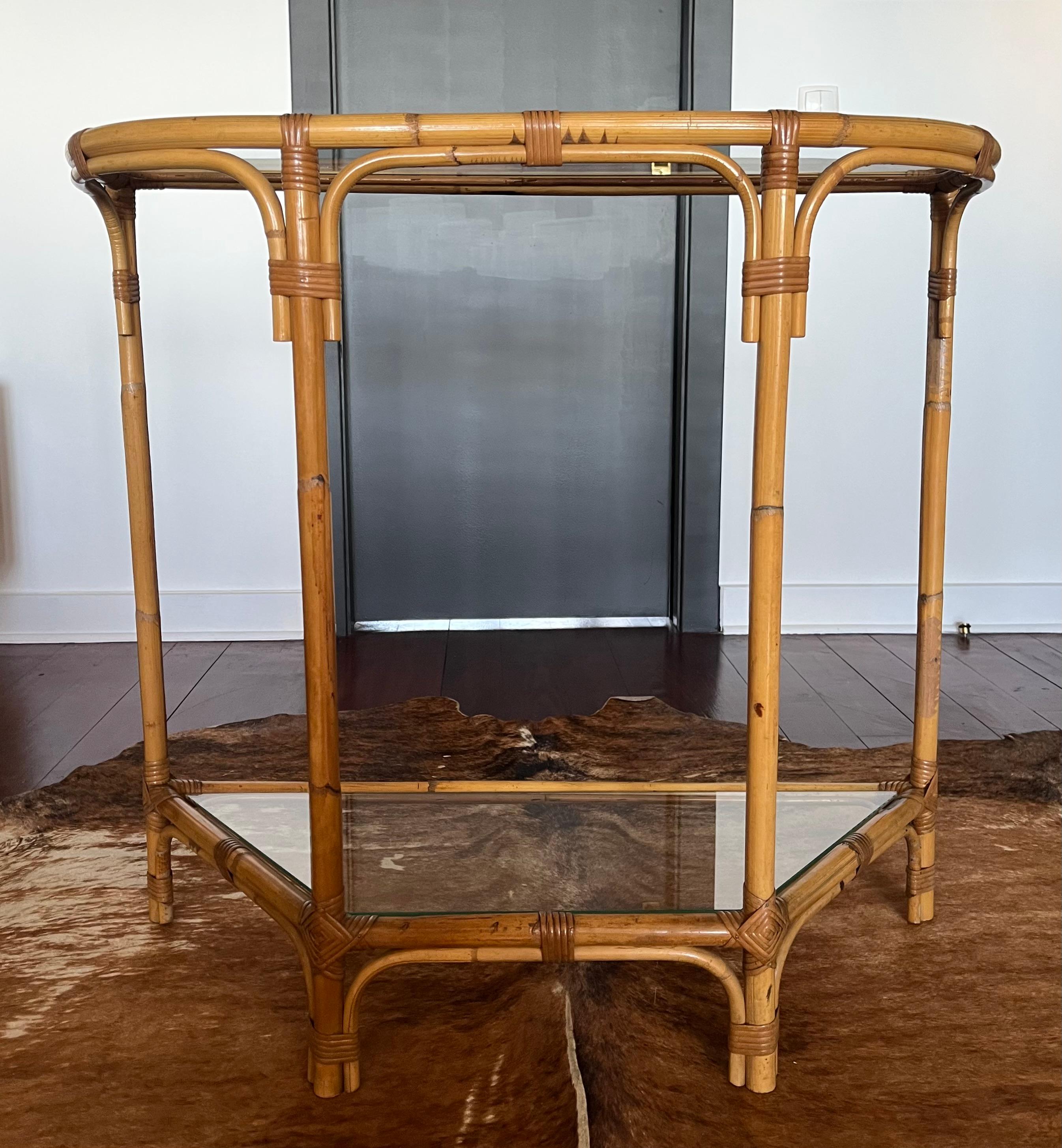 Bamboo and Glass Console Table – Coastal Boho Entryway Bar, 1970s 4