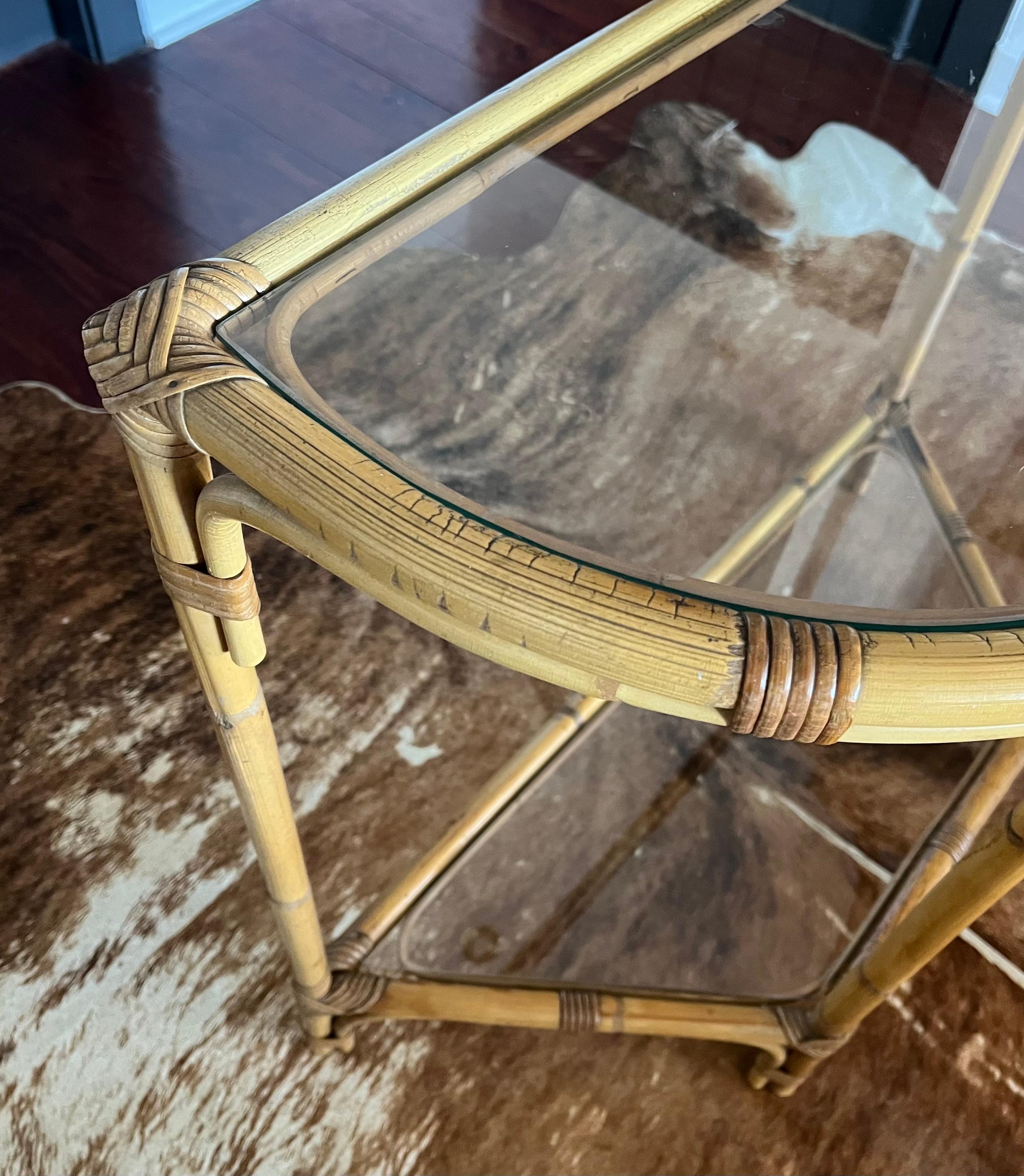 Bamboo and Glass Console Table – Coastal Boho Entryway Bar, 1970s 1