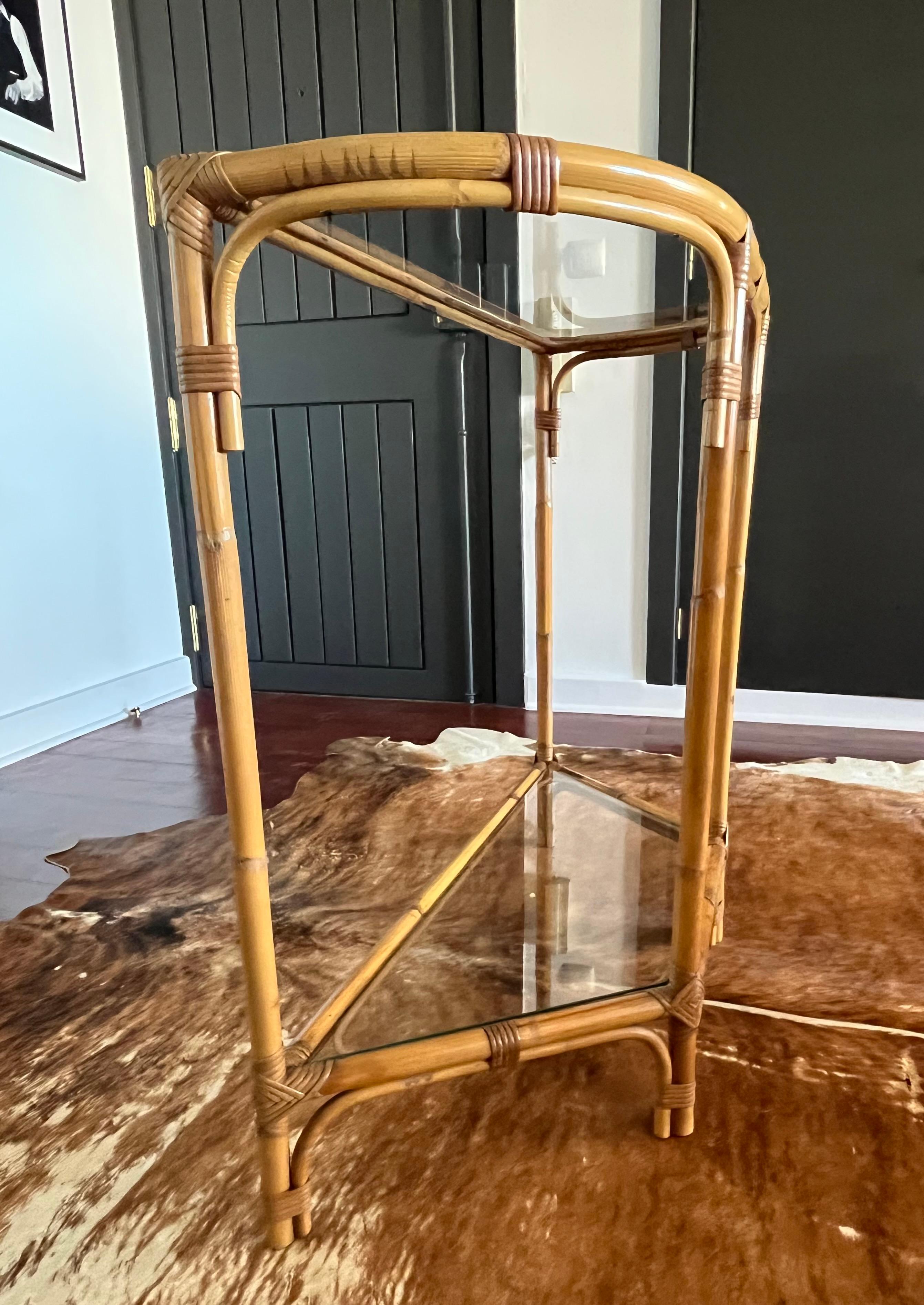20th Century Bamboo and Glass Console Table – Coastal Boho Entryway Bar, 1970s