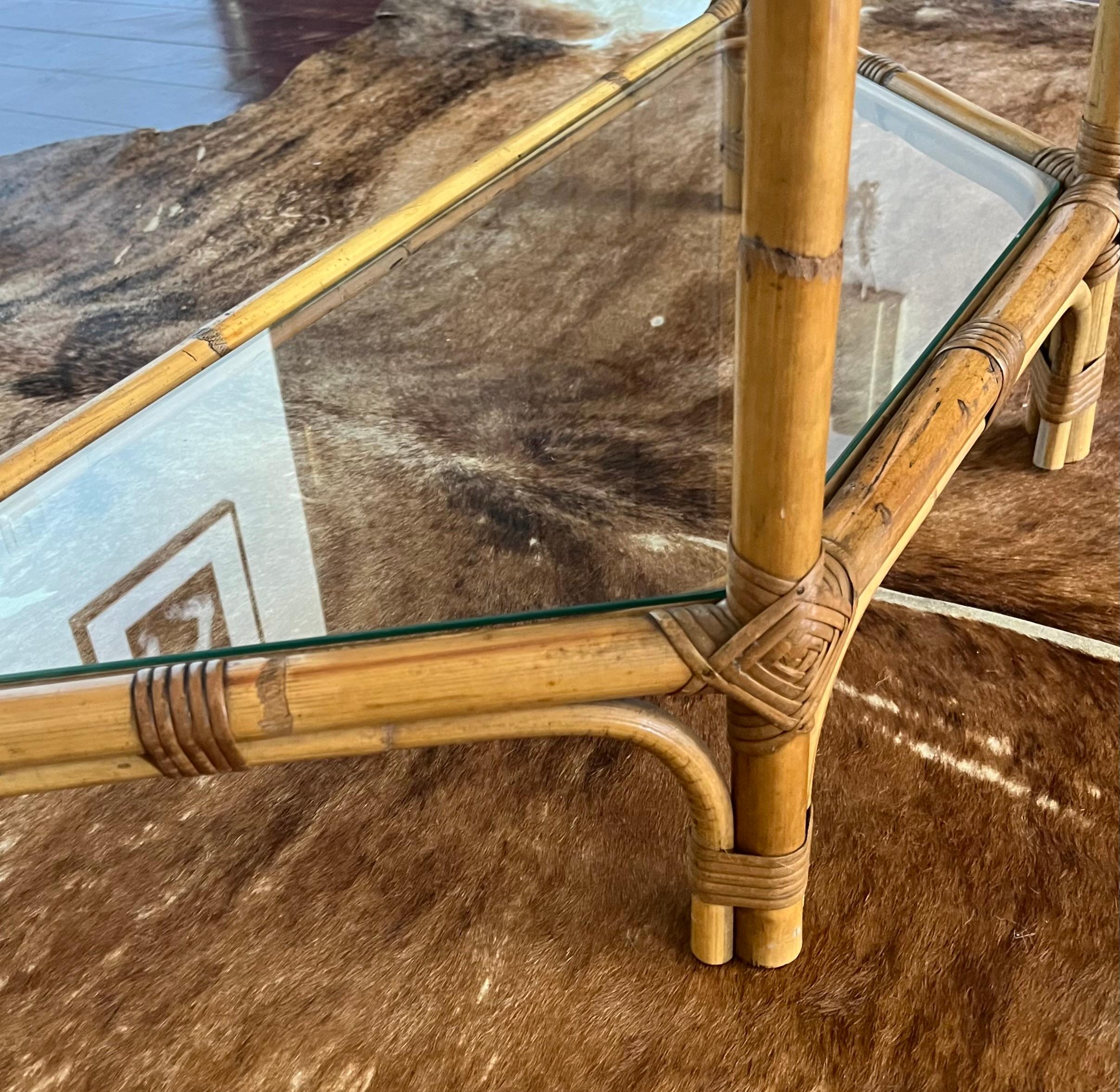 Bamboo and Glass Console Table – Coastal Boho Entryway Bar, 1970s 3