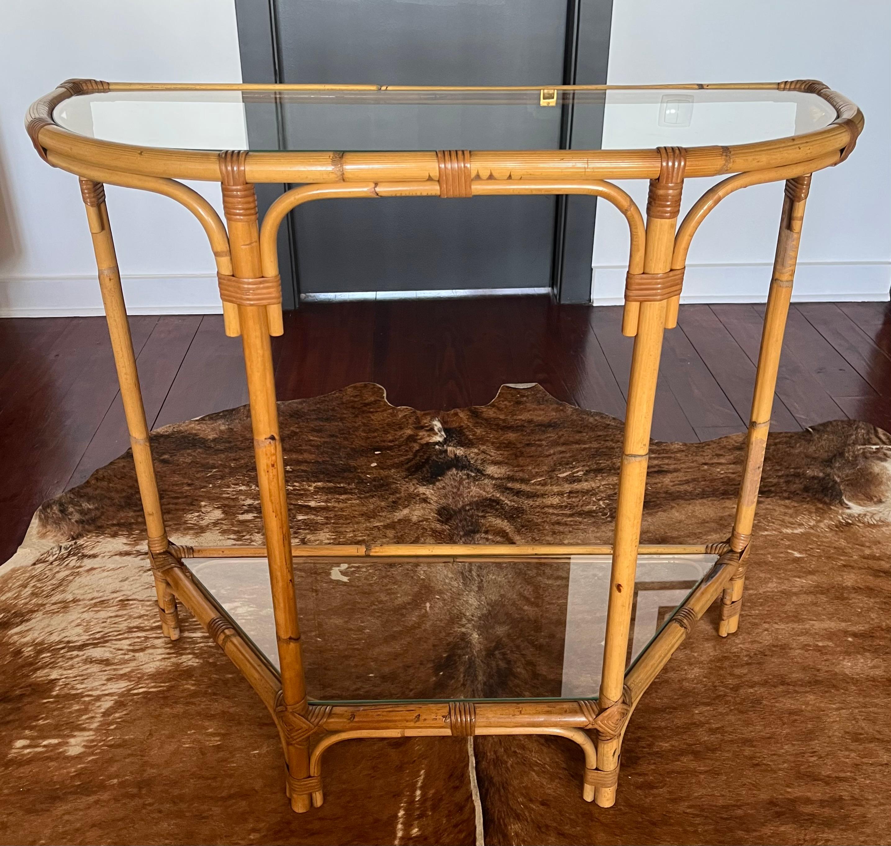 Bamboo and Glass Console Table – Coastal Boho Entryway Bar, 1970s 2