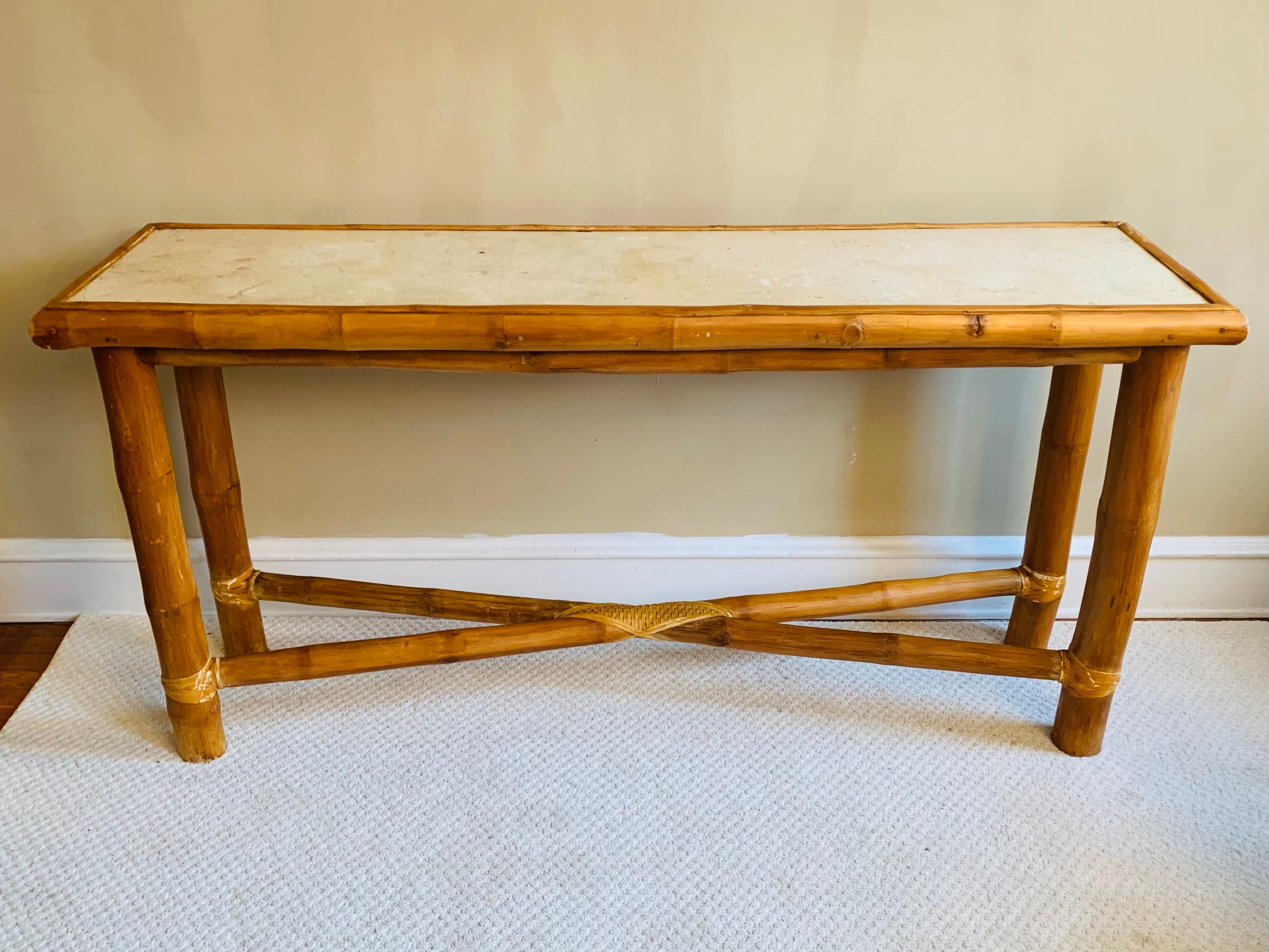 Vintage Bamboo Console Table with Stone Top in the Style of Budji Layug 4
