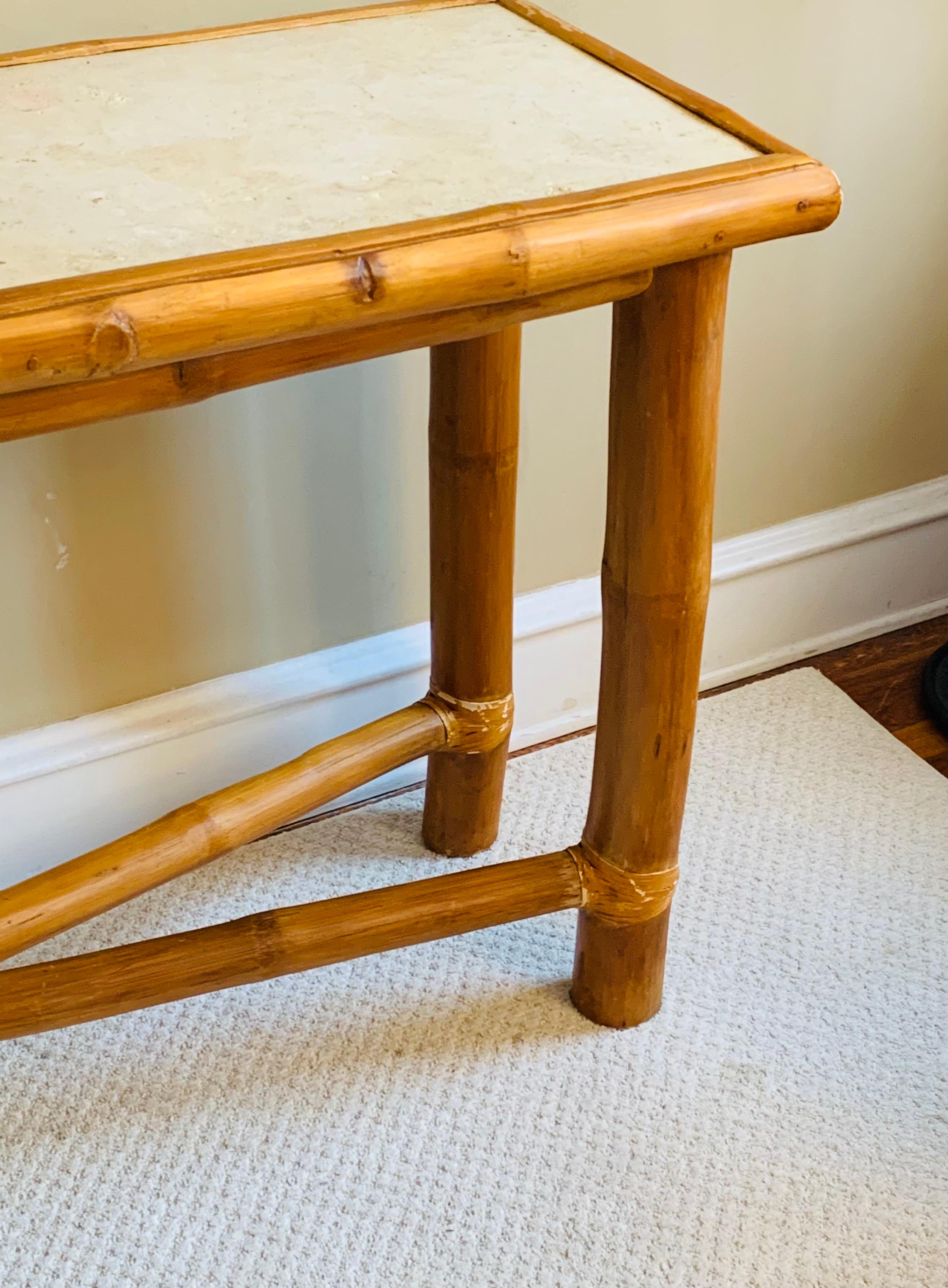 Burmese Vintage Bamboo Console Table with Stone Top in the Style of Budji Layug