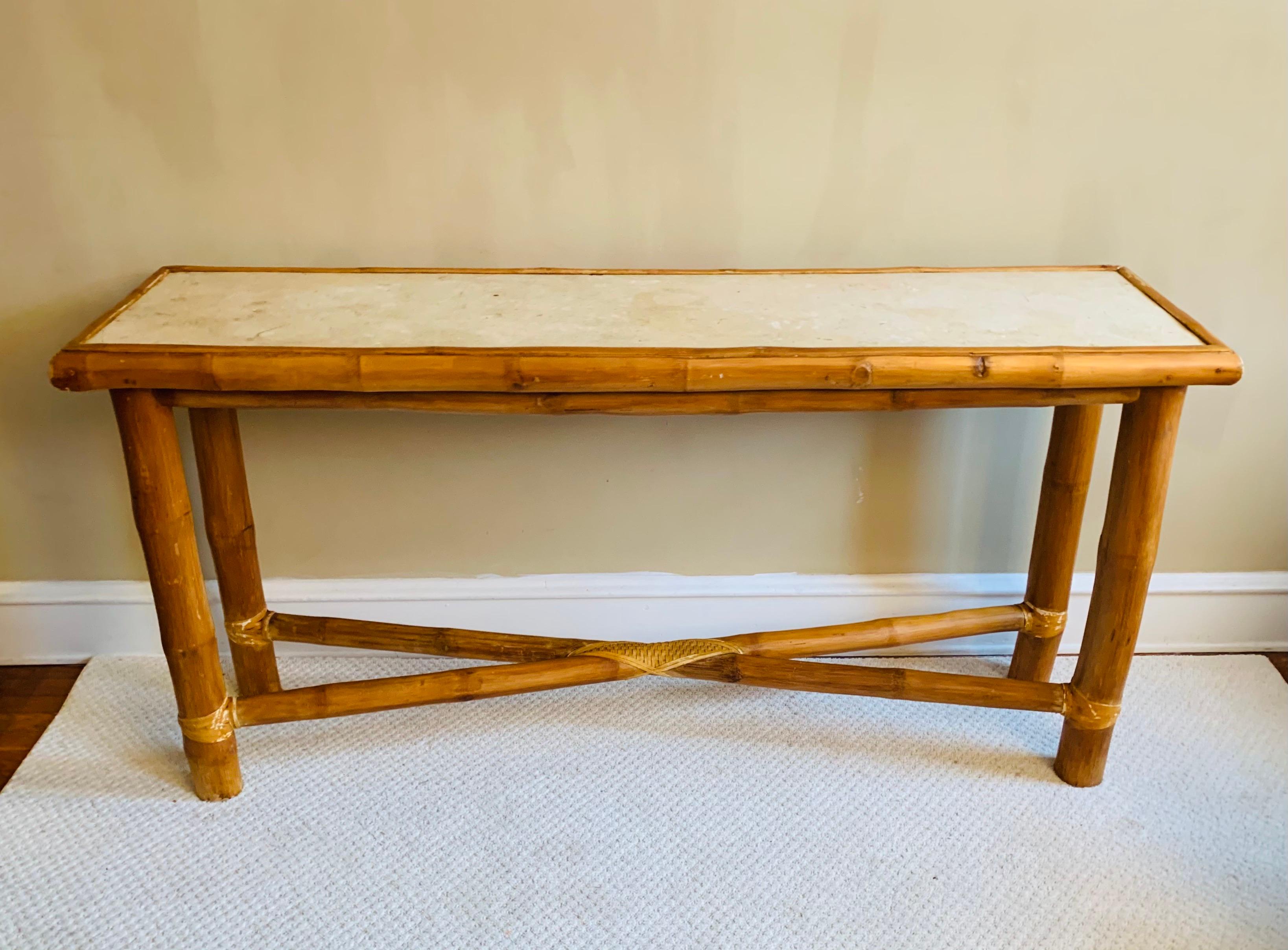Vintage Bamboo Console Table with Stone Top in the Style of Budji Layug In Distressed Condition In Philadelphia, PA