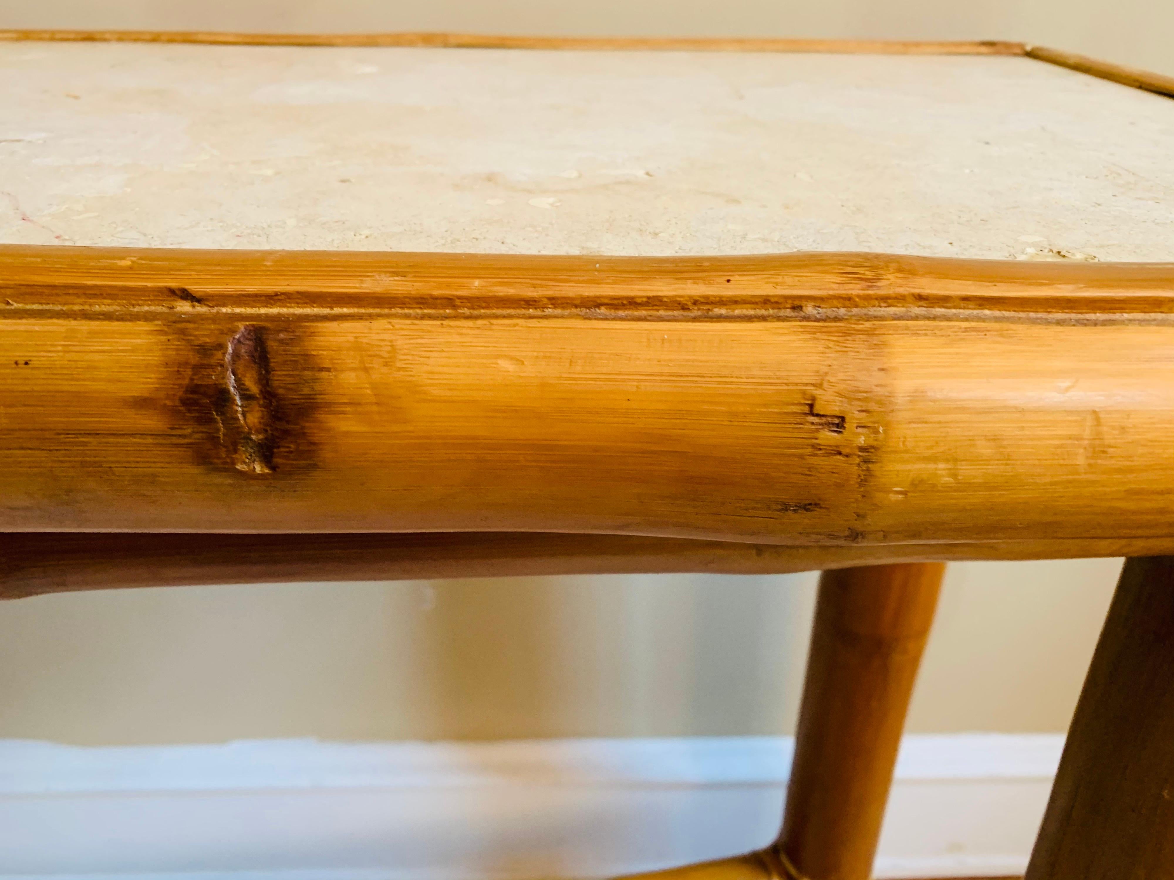 Vintage Bamboo Console Table with Stone Top in the Style of Budji Layug 1