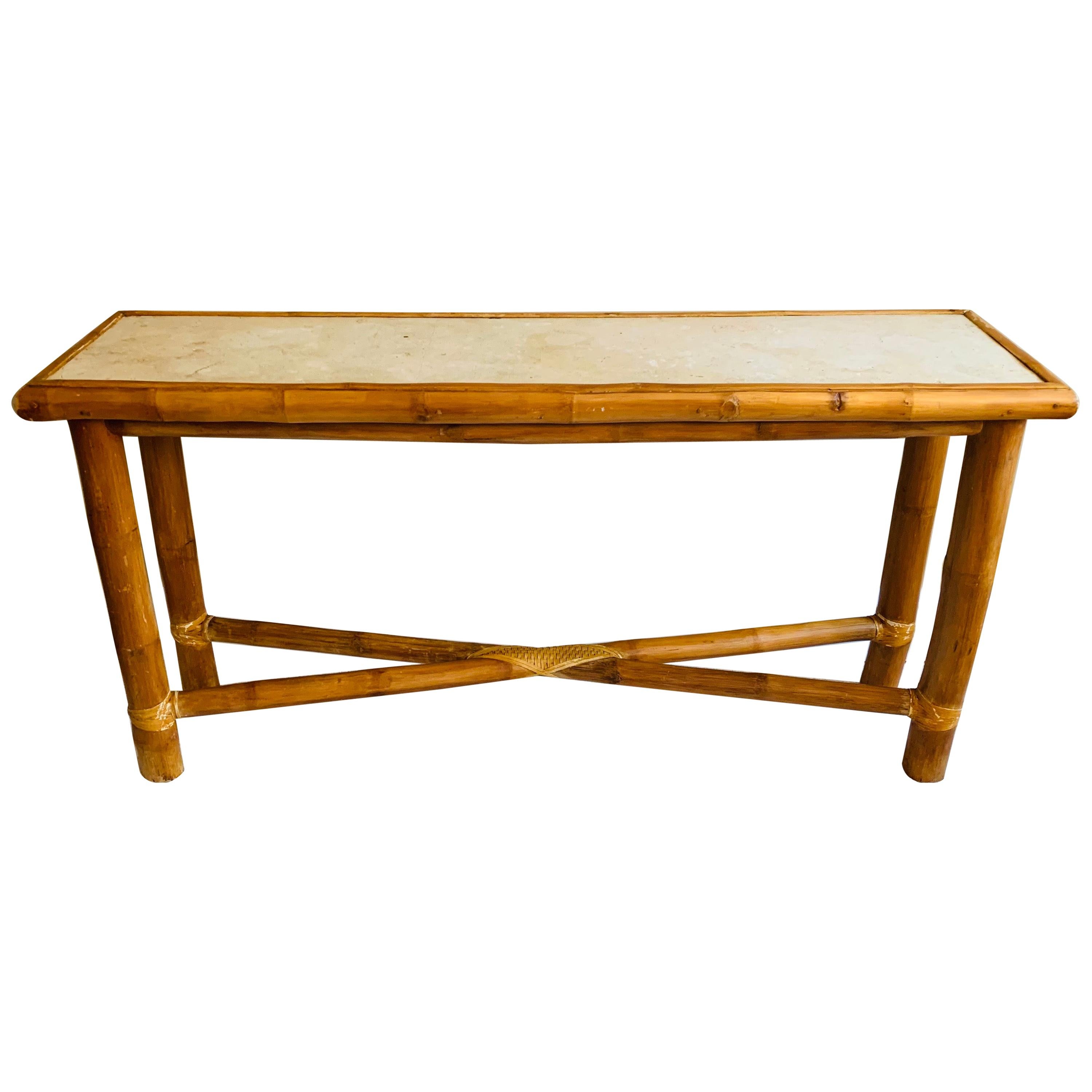 Vintage Bamboo Console Table with Stone Top in the Style of Budji Layug