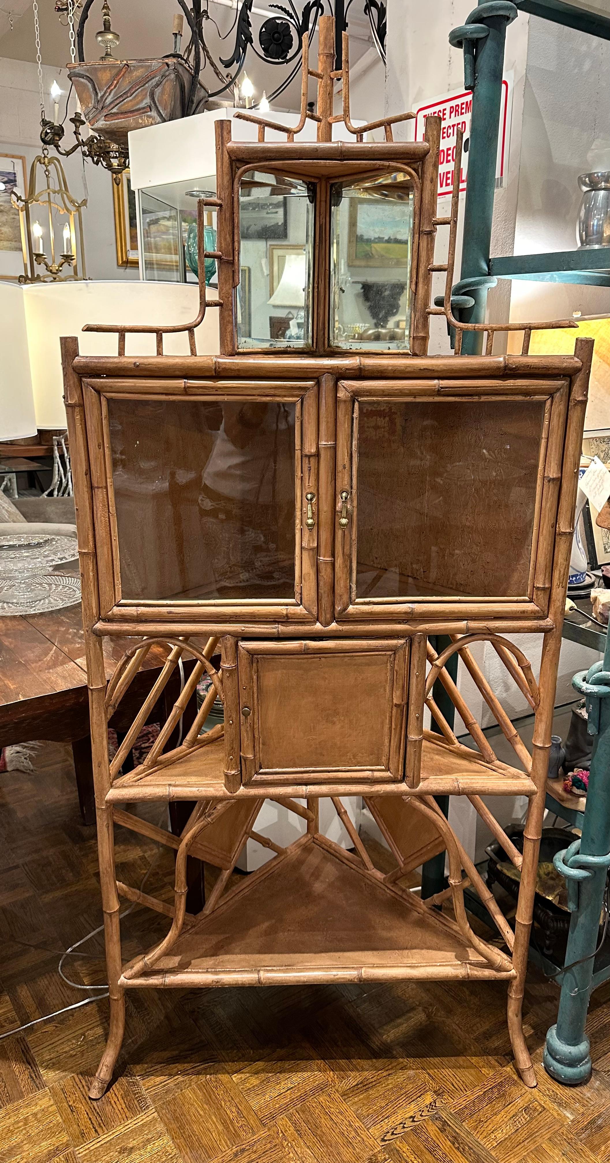 Aesthetic Movement Vintage Bamboo Corner Cabinet For Sale