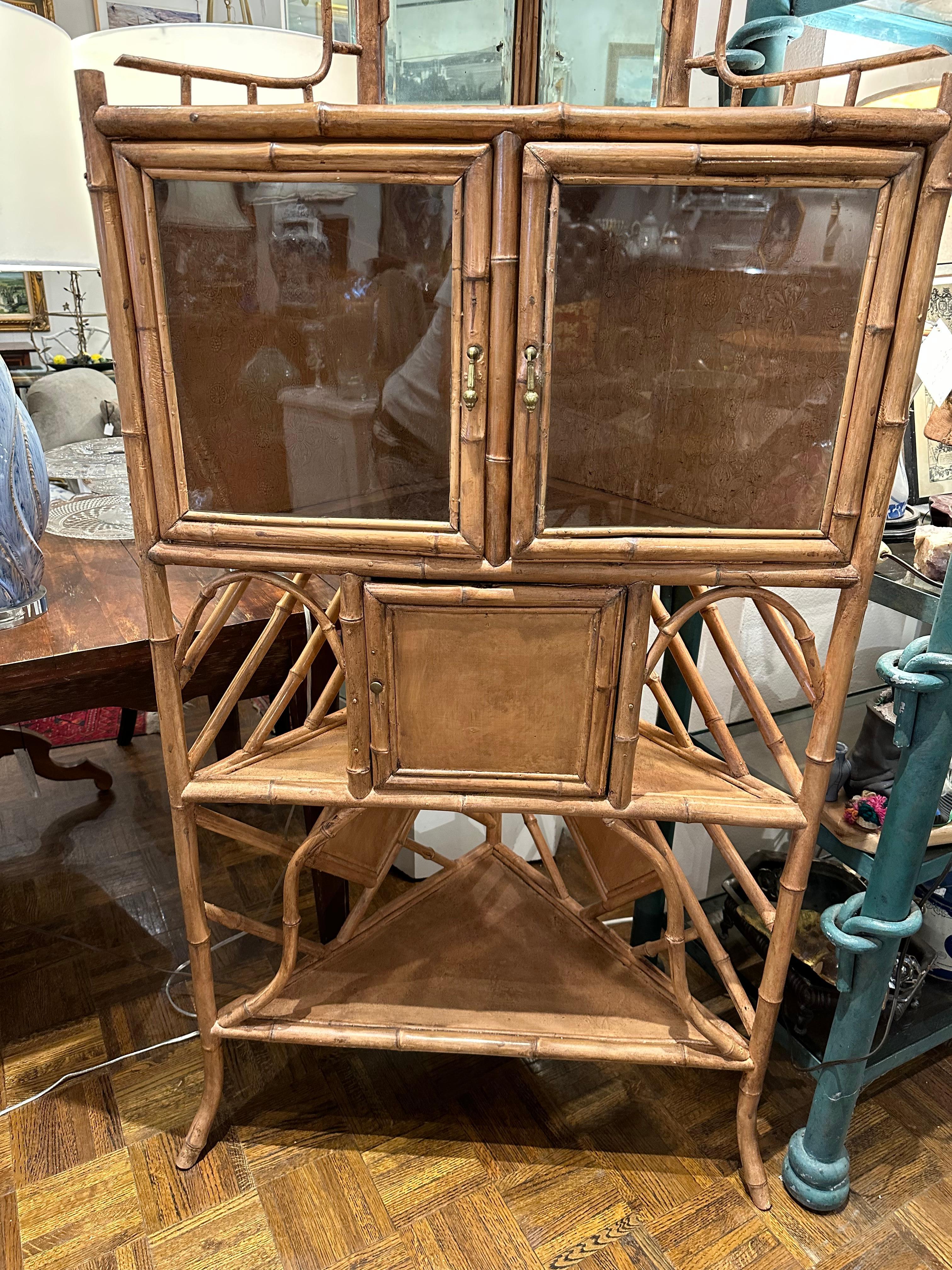 Hand-Crafted Vintage Bamboo Corner Cabinet For Sale