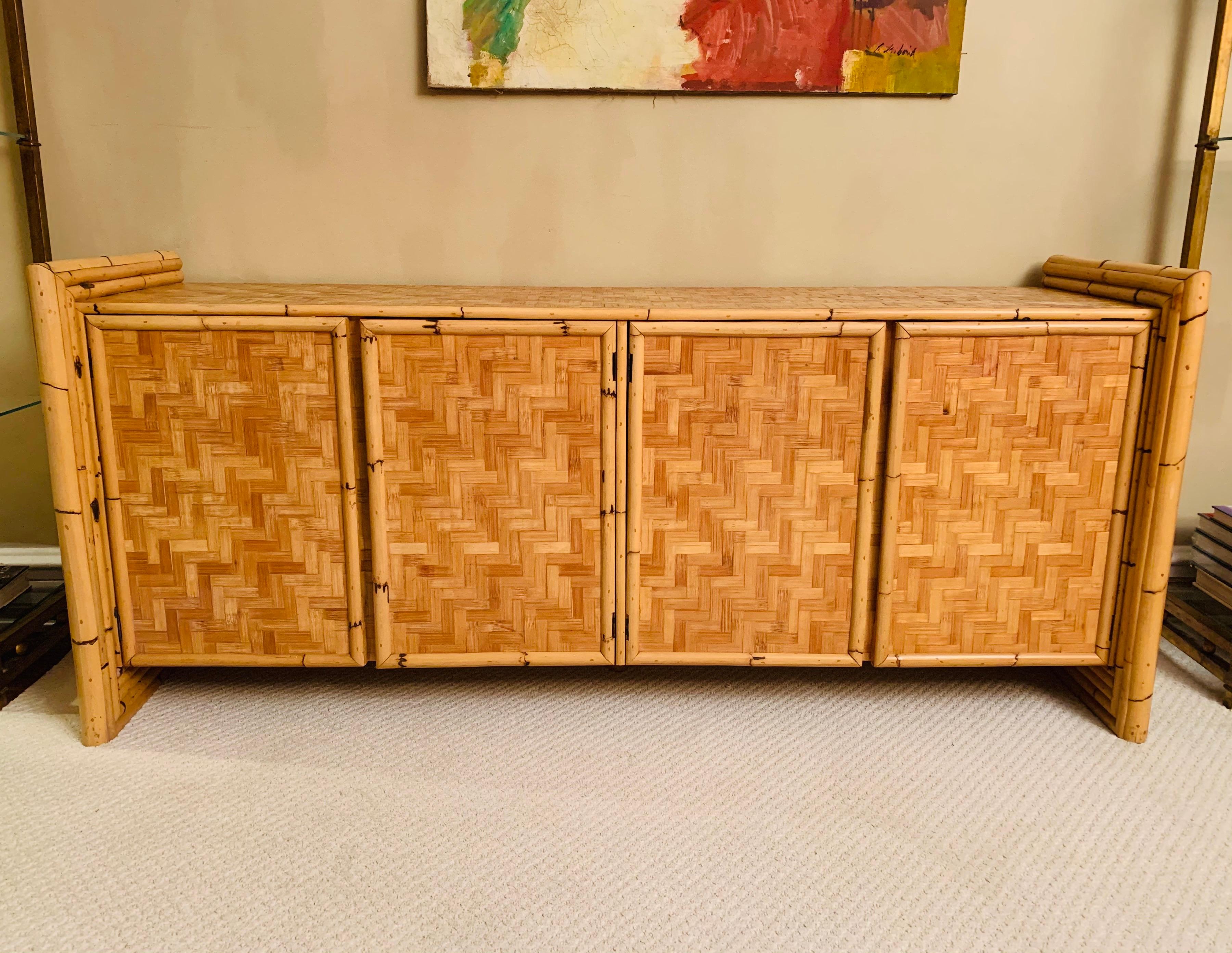 Vintage Bamboo Credenza with Woven Cane Parquetry 6