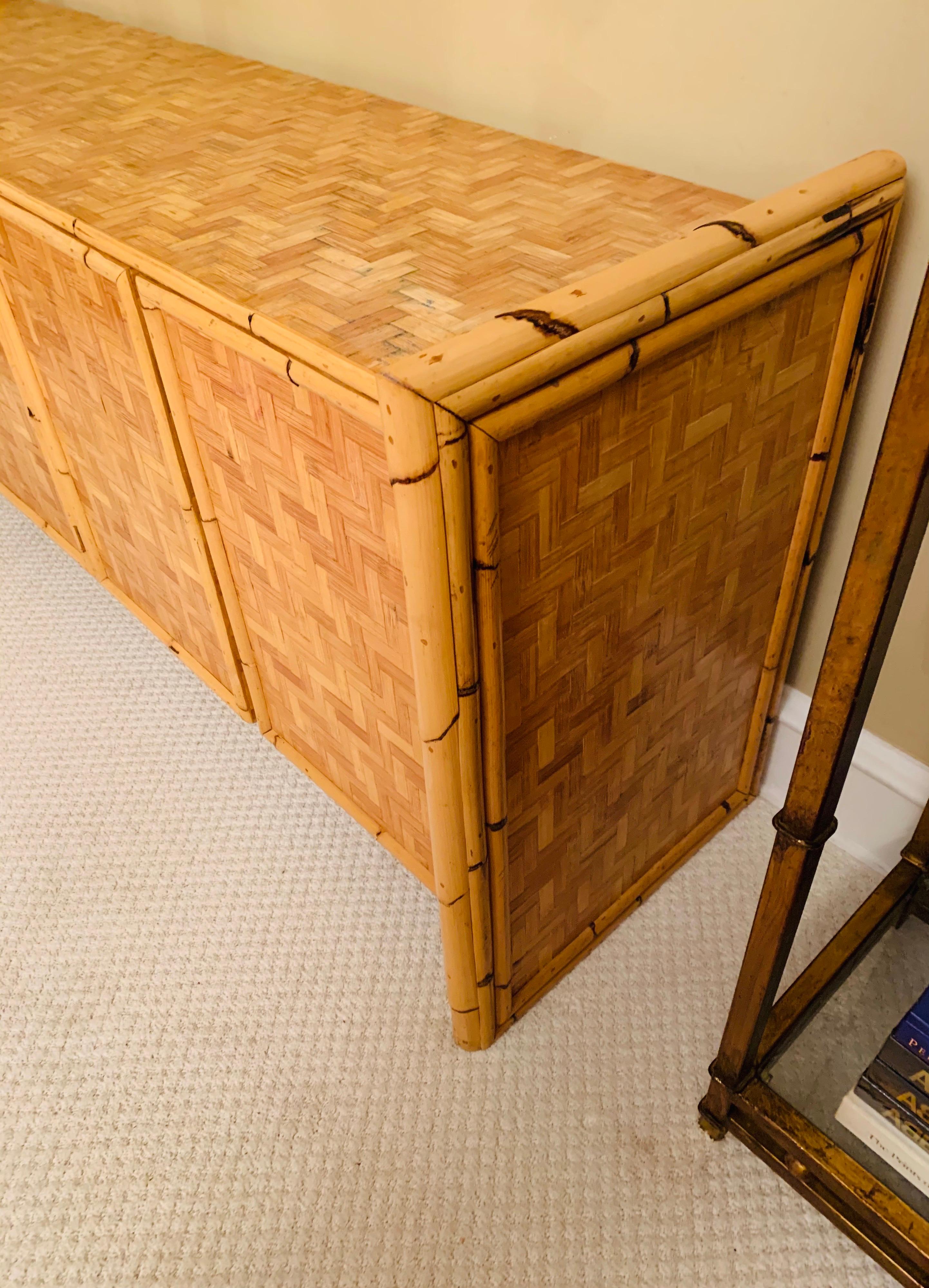 Mid-Century Modern Vintage Bamboo Credenza with Woven Cane Parquetry