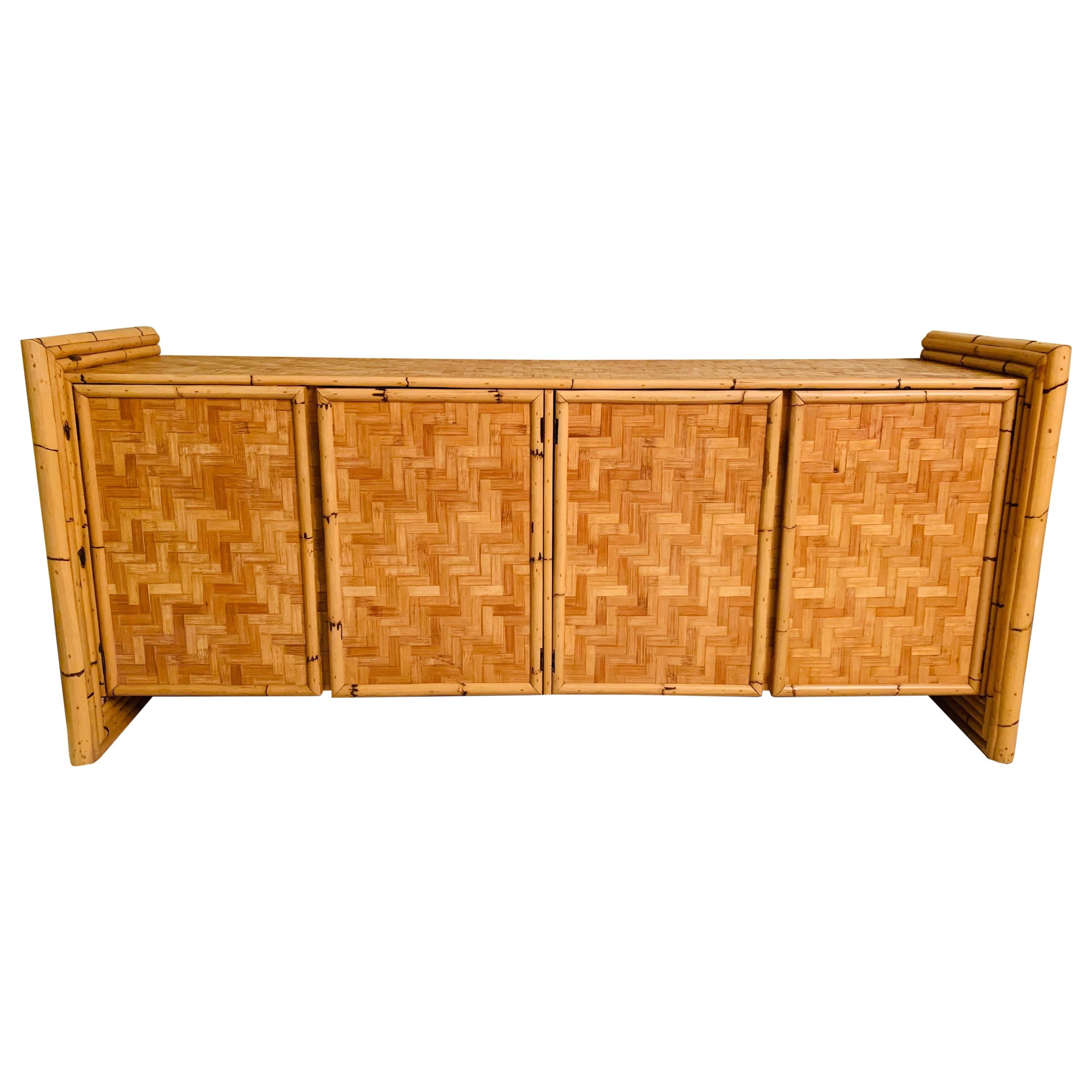 Vintage Bamboo Credenza with Woven Cane Parquetry