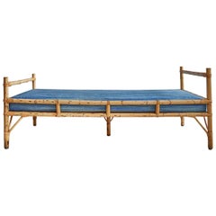 Vintage Bamboo Daybed with Upholstered Mattress in Blue Stripes, Sweden, 1950's