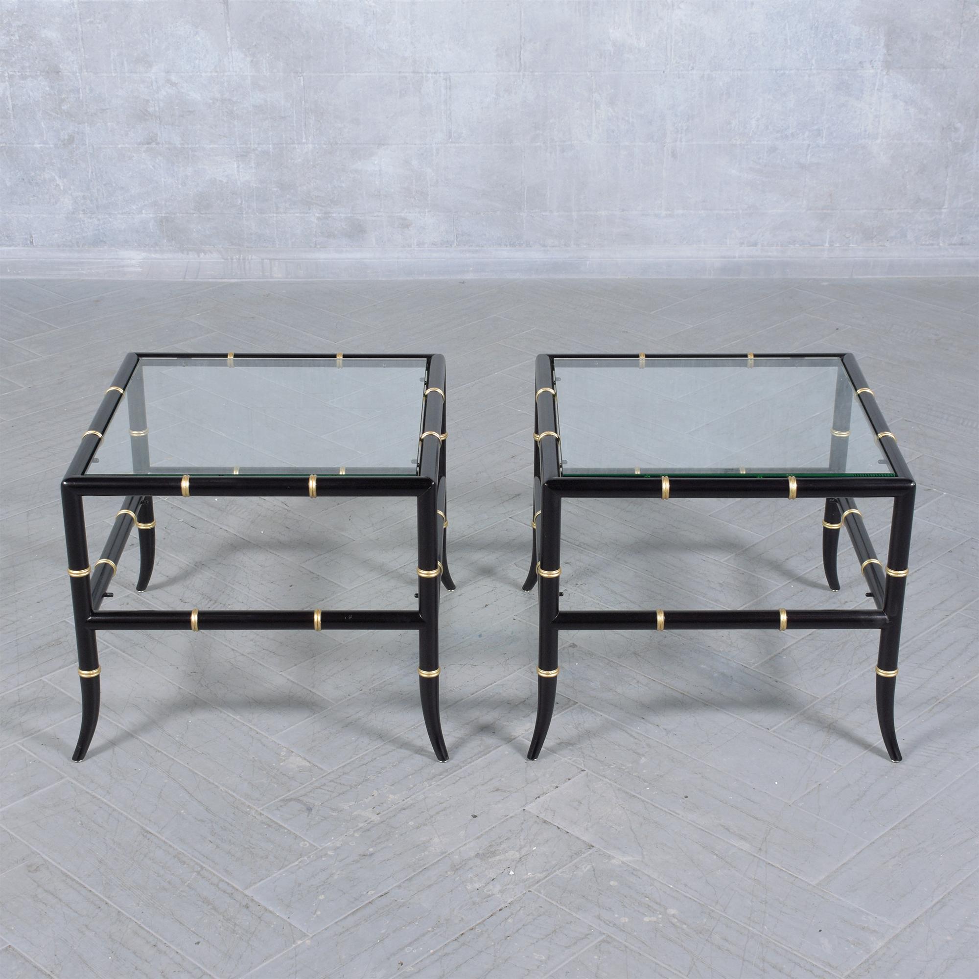 Embrace vintage elegance with our pair of end tables, a showcase of 1960s craftsmanship beautifully restored to highlight the timeless charm of mid-century design. Each table is crowned with a new 3/8 inch thick clear glass top, offering a sleek,