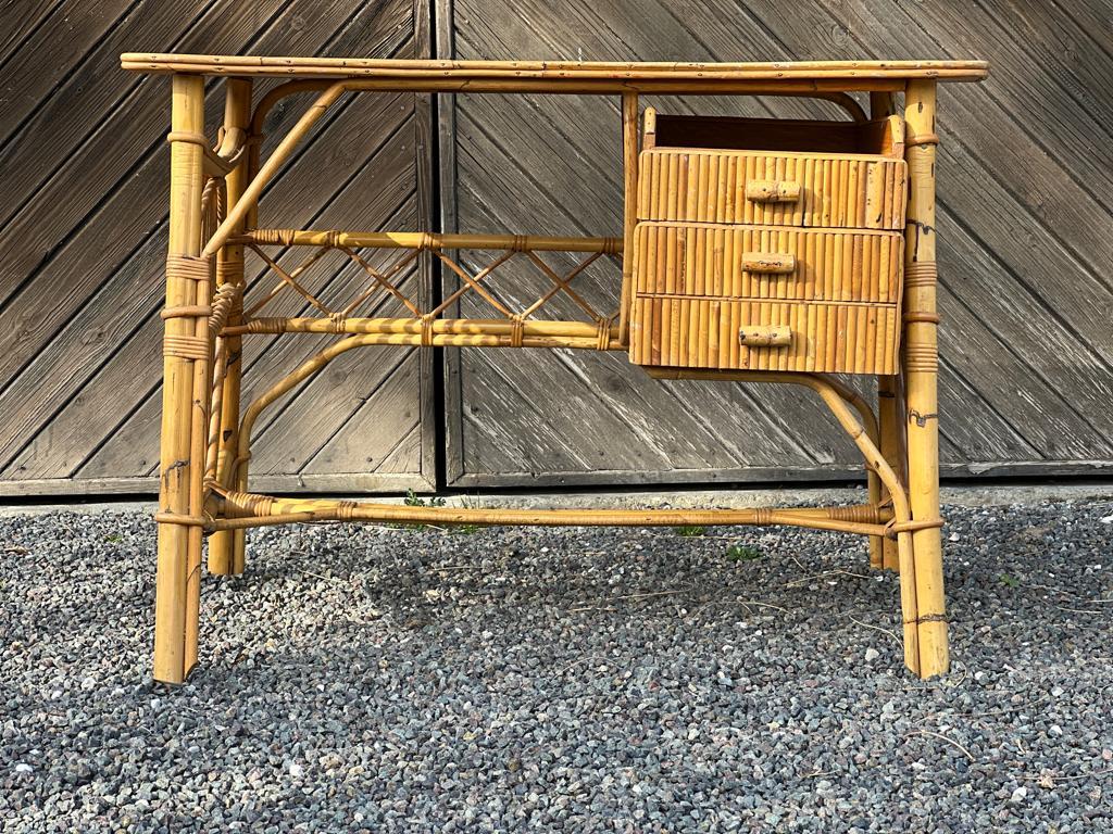 Vintage desk and chair 1960 in bamboo, rattan, block 3 drawers in bamboo split in the taste of louis sognot or audoux minet.