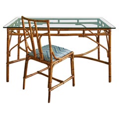 Vintage Bamboo Desk with Glass Top and Upholstered Bamboo Chair, Italy, 1970s
