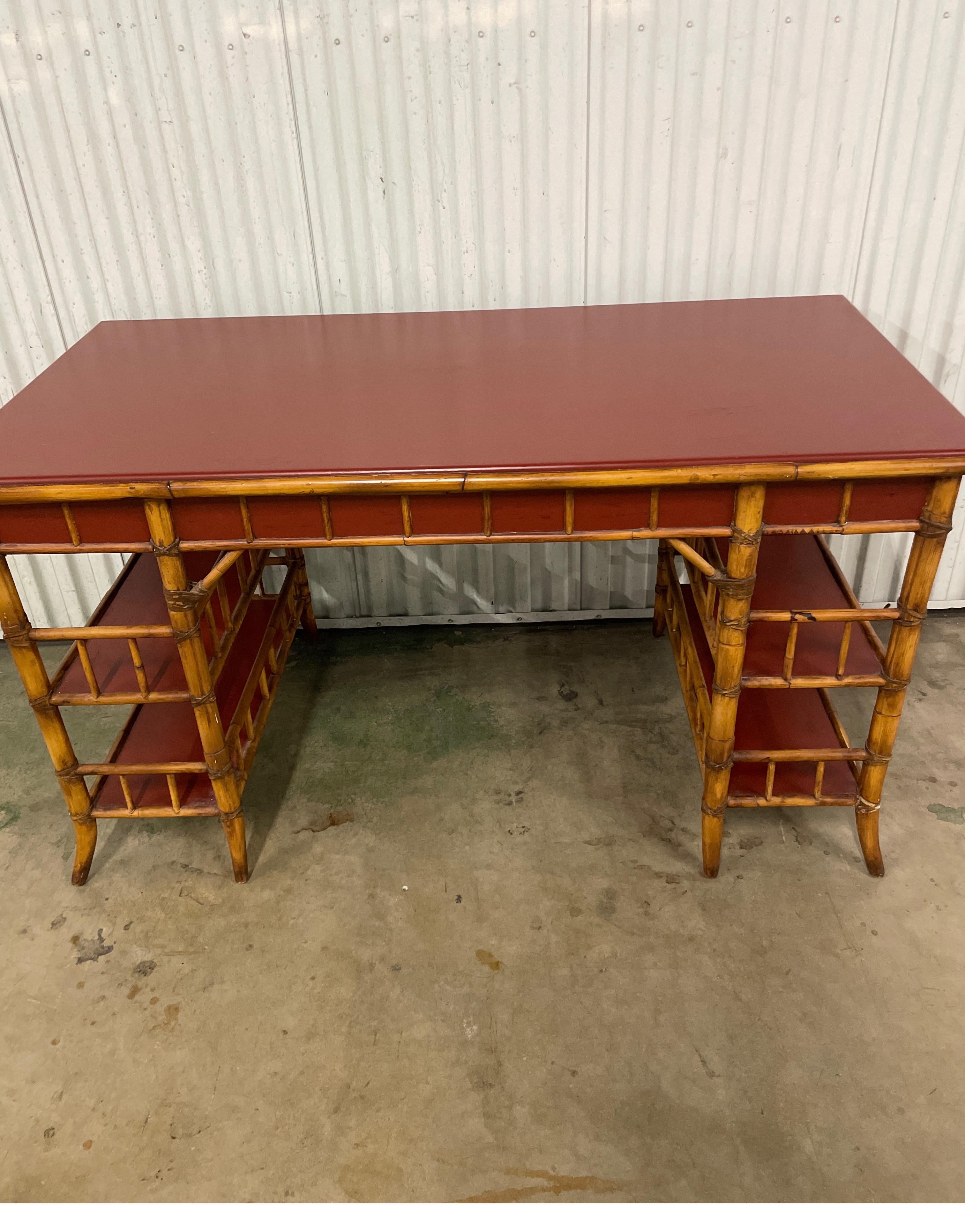 Vintage Bamboo Desk with Red Lacquer Top by Baker For Sale 4