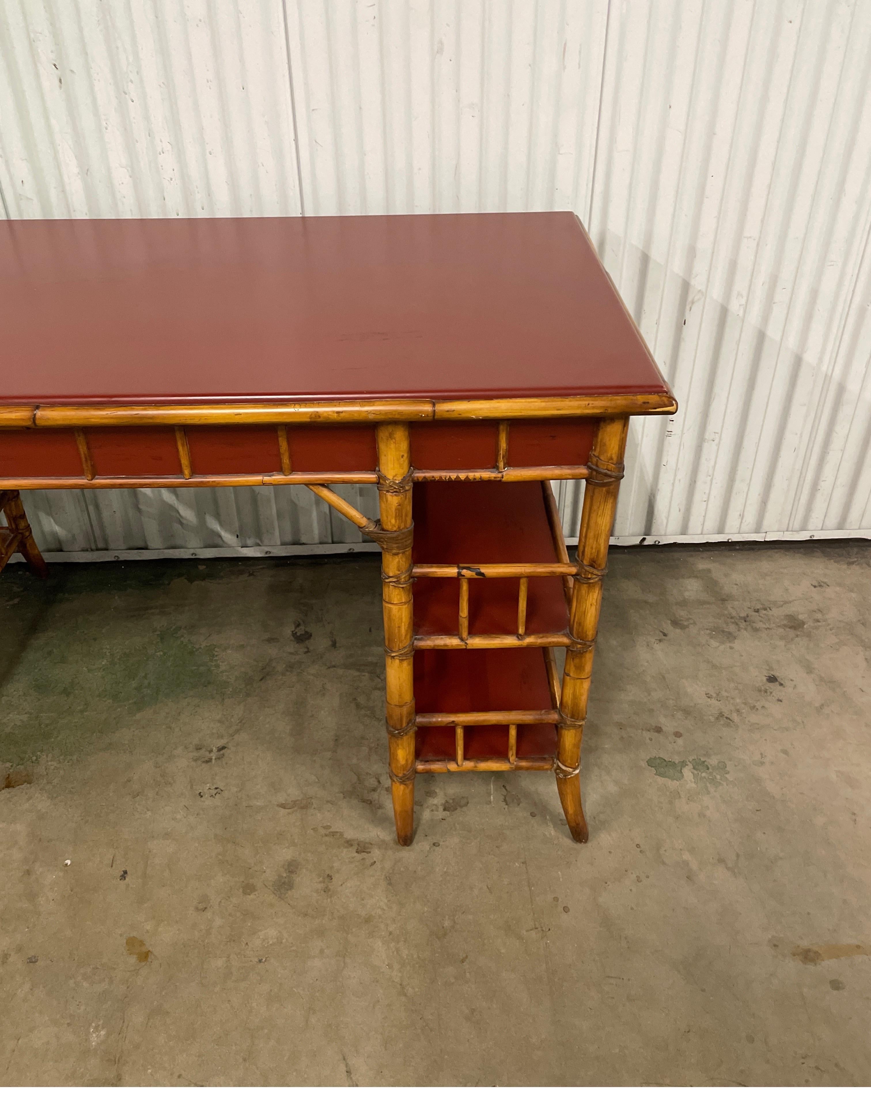 Vintage Bamboo Desk with Red Lacquer Top by Baker For Sale 5