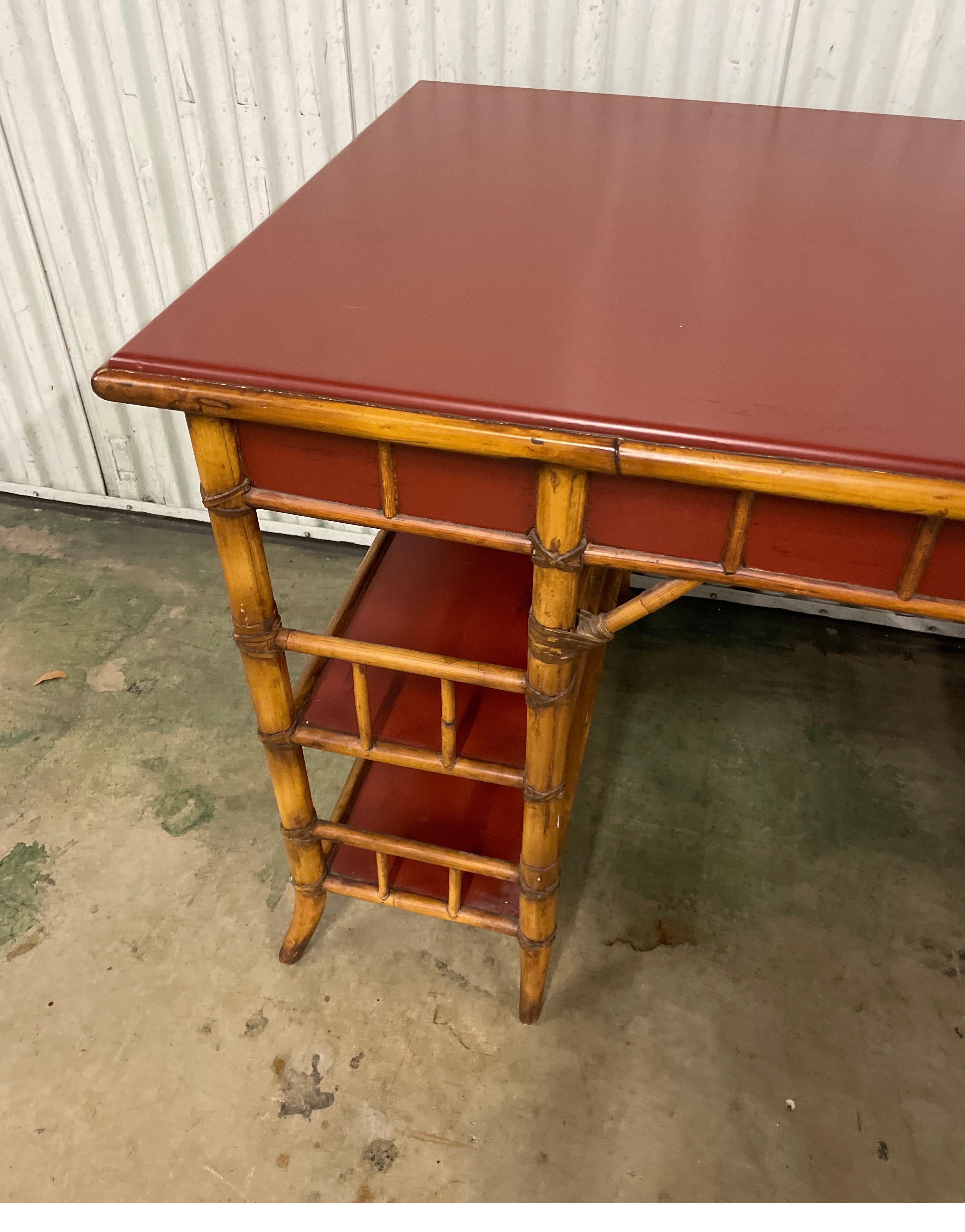 Vintage Bamboo Desk with Red Lacquer Top by Baker For Sale 6