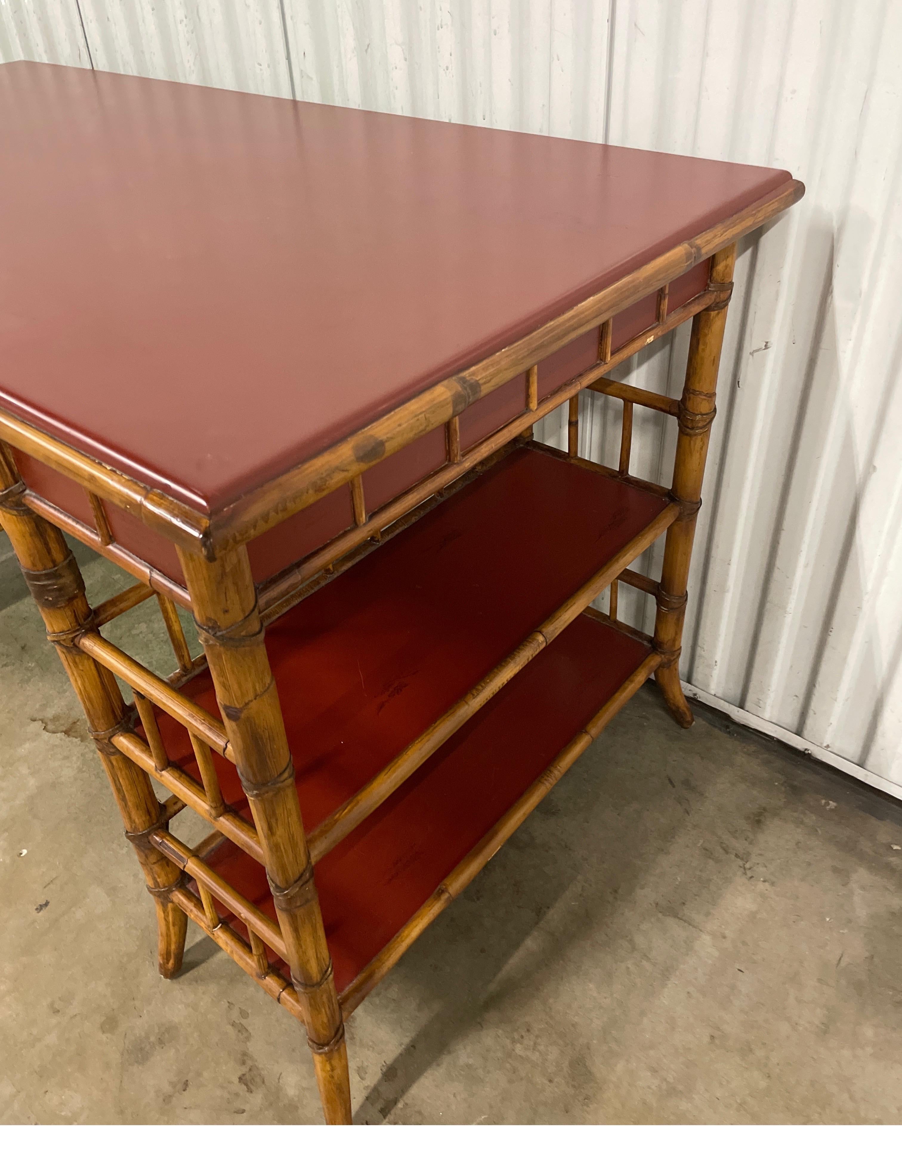 Vintage Bamboo Desk with Red Lacquer Top by Baker In Good Condition For Sale In West Palm Beach, FL