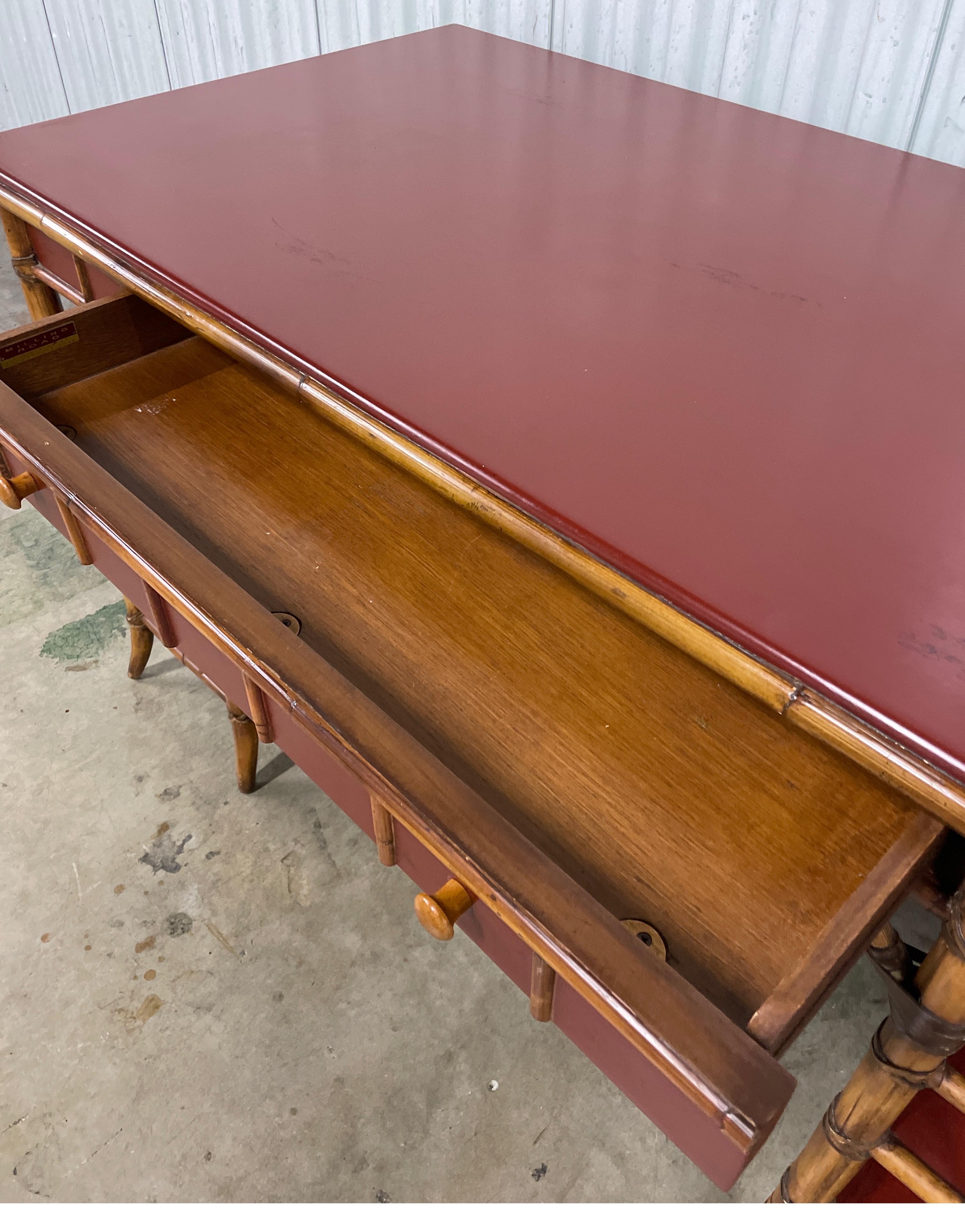 Vintage Bamboo Desk with Red Lacquer Top by Baker For Sale 2