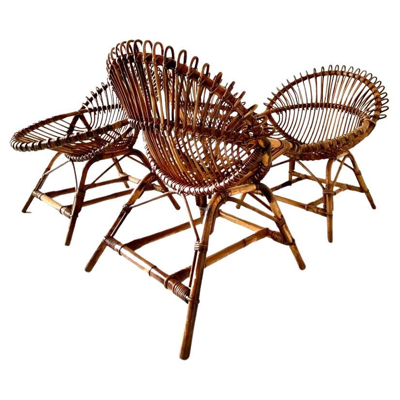 Sedie a uovo in bambù vintage, Franco Albini, Italia anni '60, set di quattro sedie 1