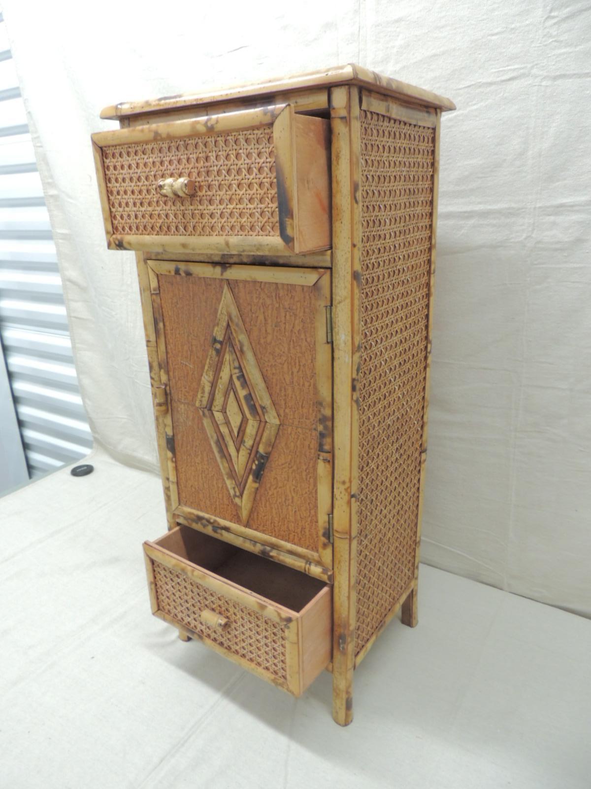 Indonesian Vintage Bamboo Faux Tortoise Narrow Cabinet