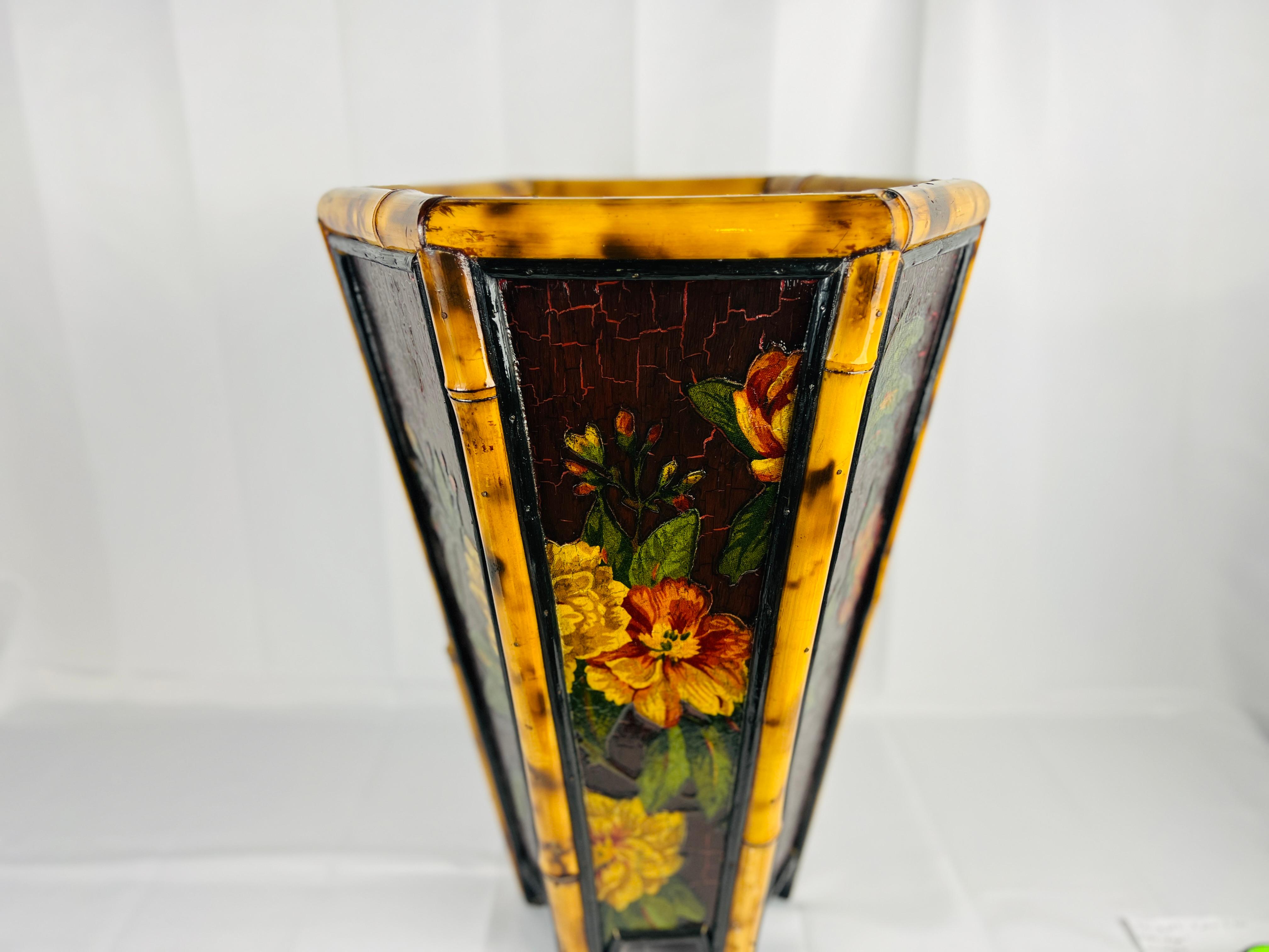 Vintage Bamboo & Floral Lacquer Hexagon Shaped Trash Can or Planter For Sale 5