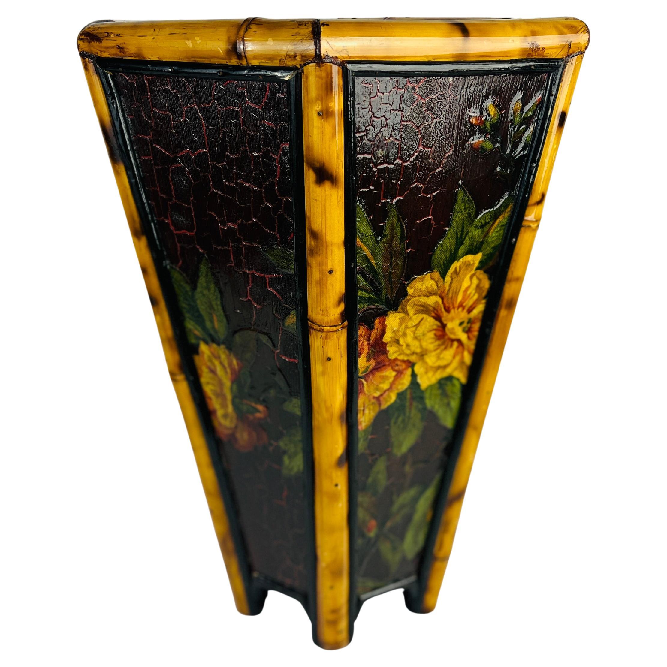 This vintage hexagon-shaped piece seamlessly combines functionality with artistic charm, making it a versatile decorative item. Crafted with a bamboo frame, it is adorned with a richly lacquered surface, featuring intricate hand-painted floral