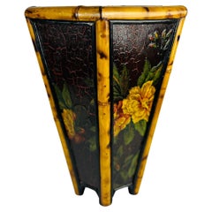 Vintage Bamboo & Floral Lacquer Hexagon Shaped Trash Can or Planter