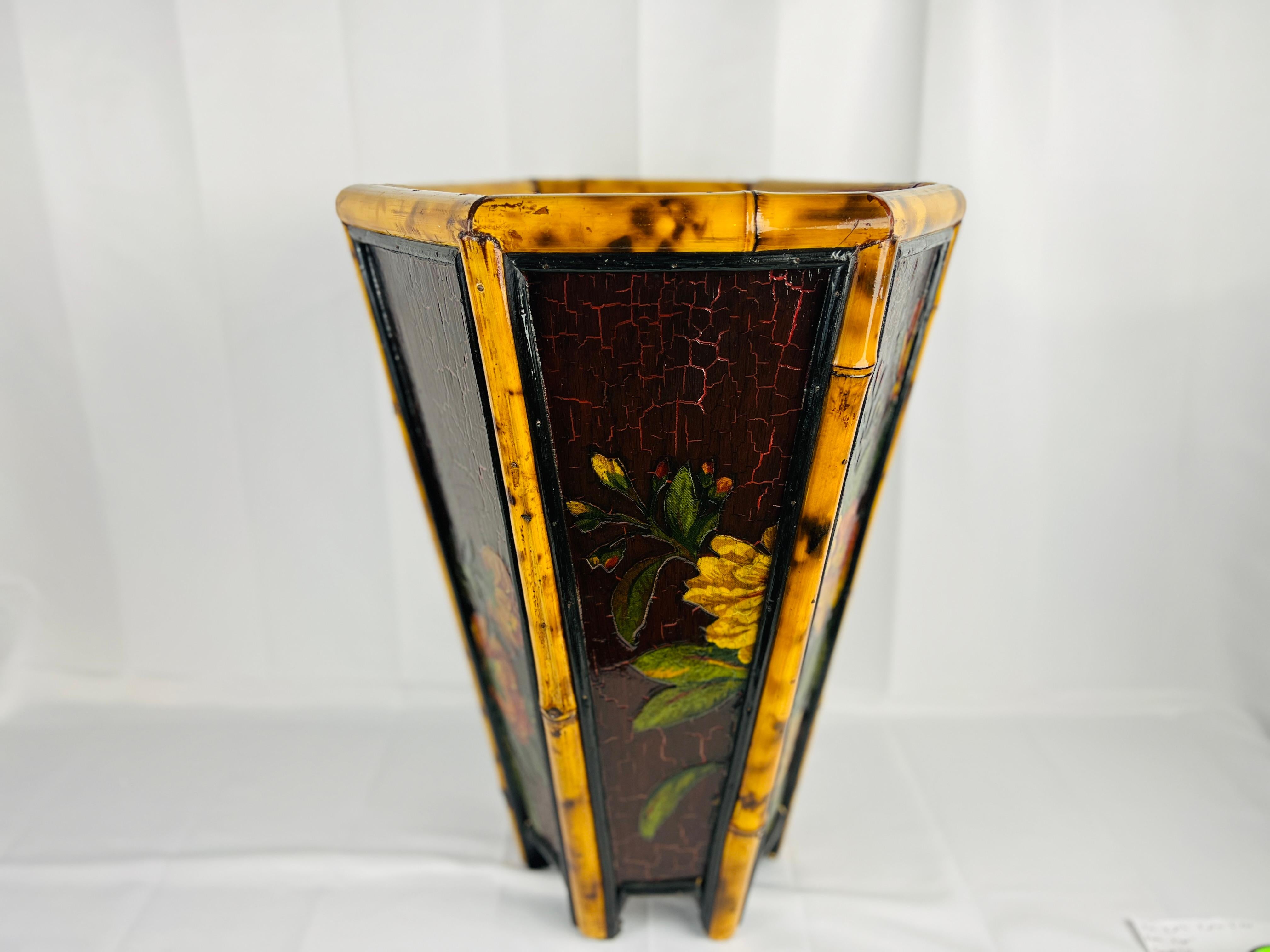 British Vintage Bamboo & Floral Lacquer Hexagon Shaped Trash Can or Planter For Sale