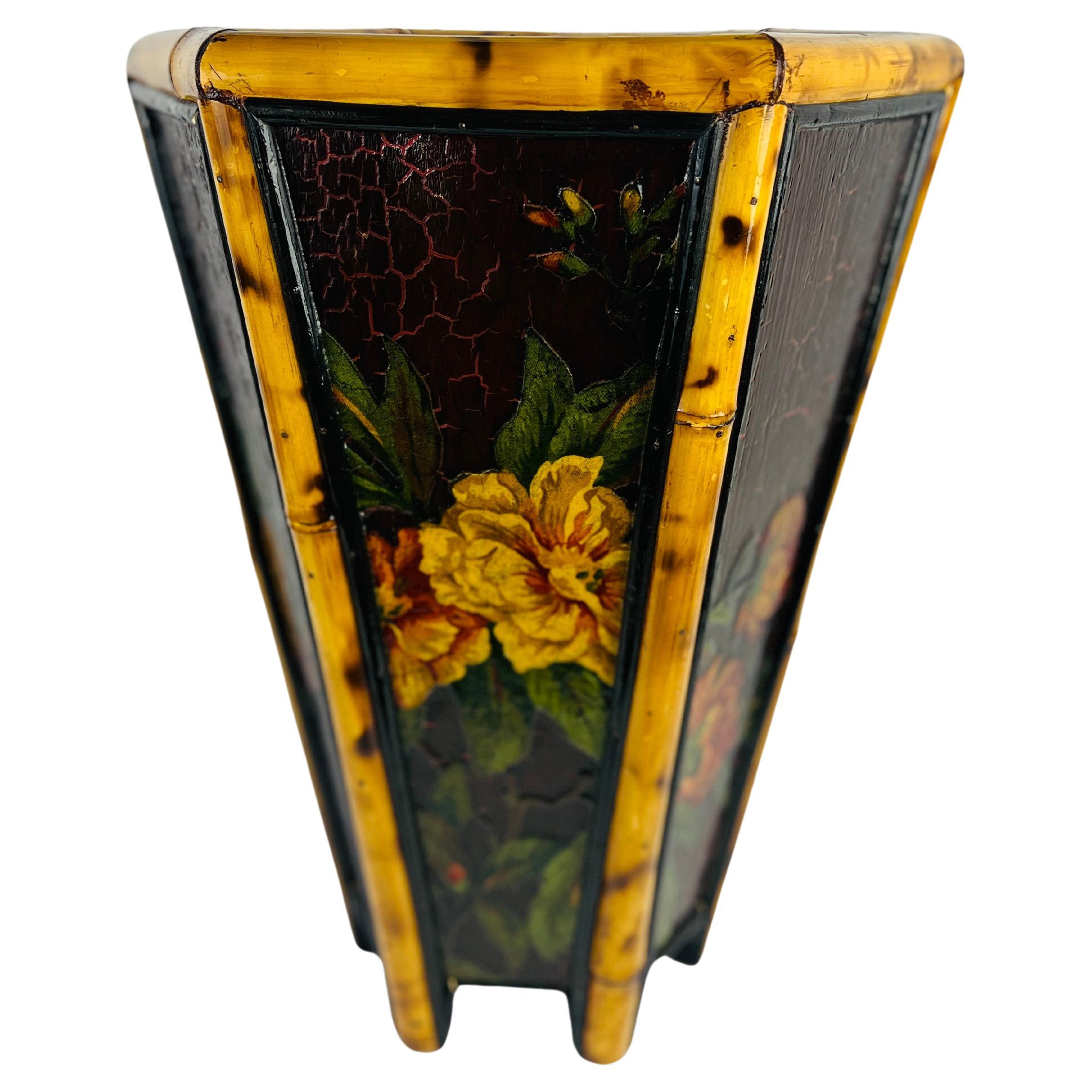 Vintage Bamboo & Floral Lacquer Hexagon Shaped Trash Can or Planter