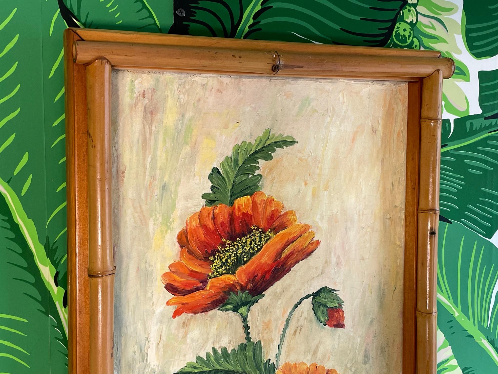 Organic Modern Vintage Bamboo Framed Floral Painting