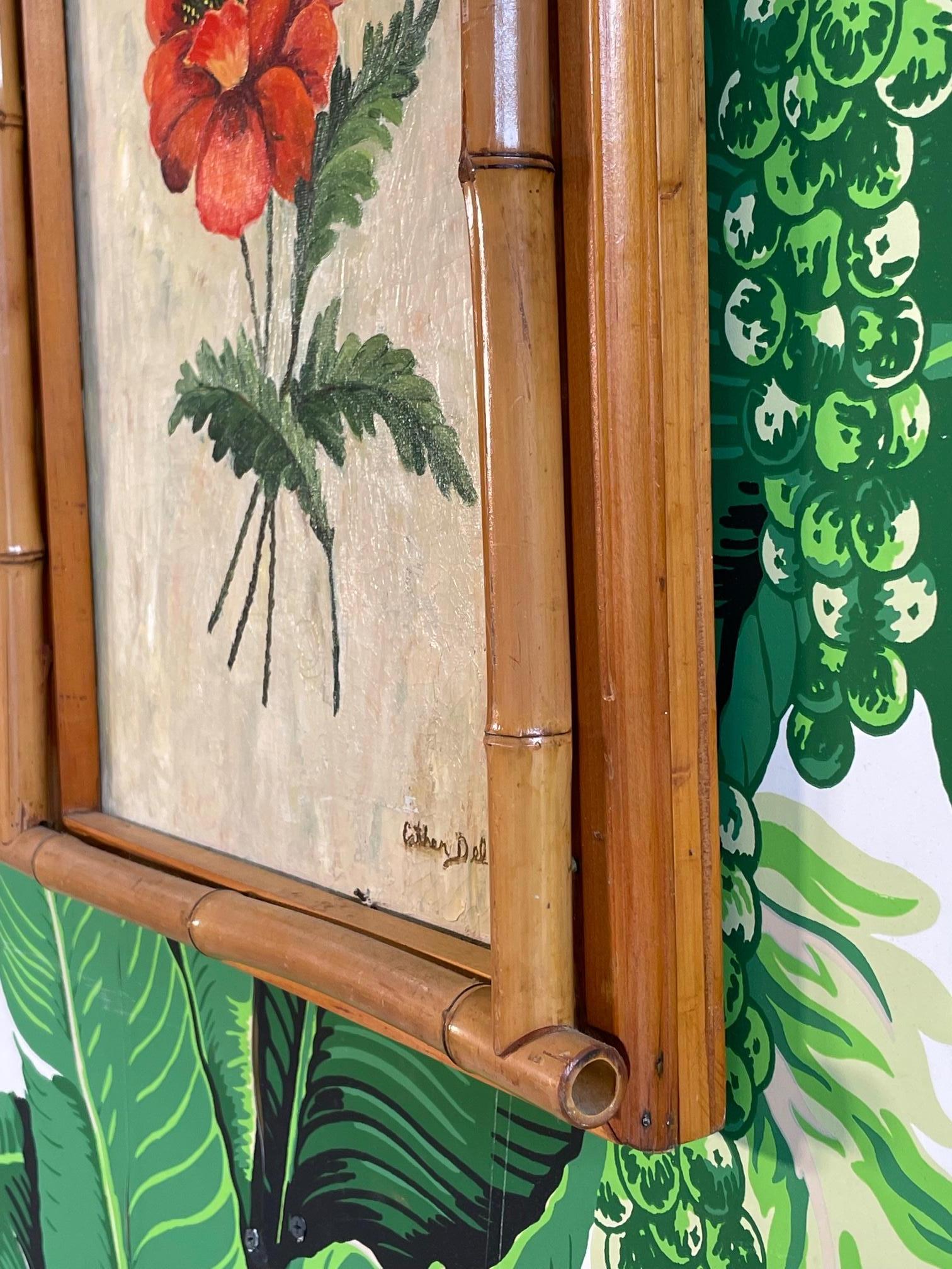 Vintage Bamboo Framed Floral Painting In Good Condition In Jacksonville, FL