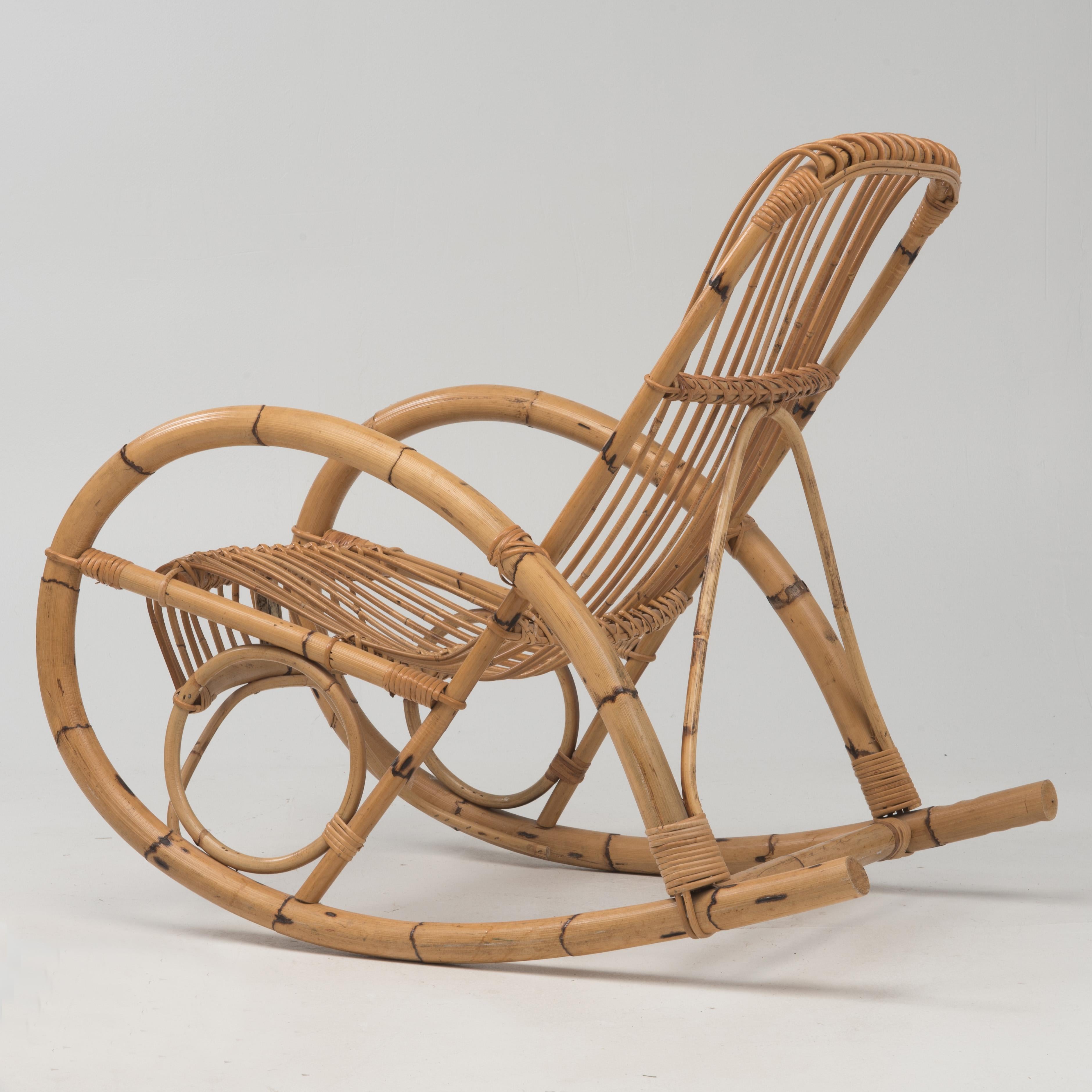 Mid-Century Modern Vintage Bamboo Franco Albini Style Rocking Chair Rocker