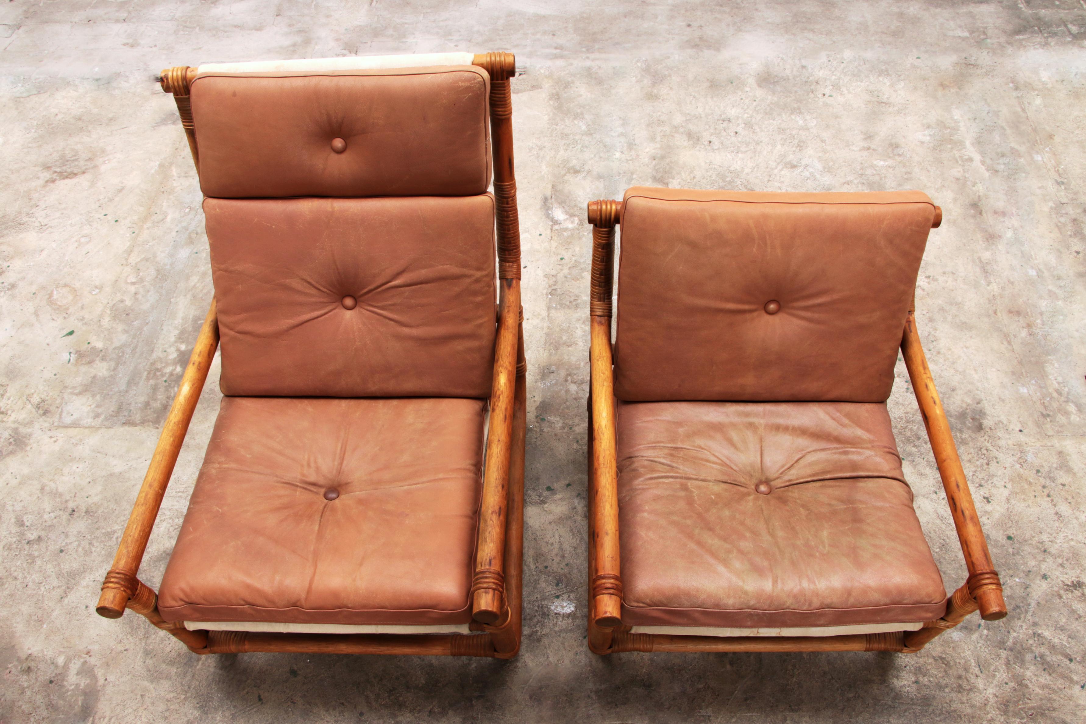 Vintage Bamboo garden set with leather cushions, 1970 Norway. For Sale 8