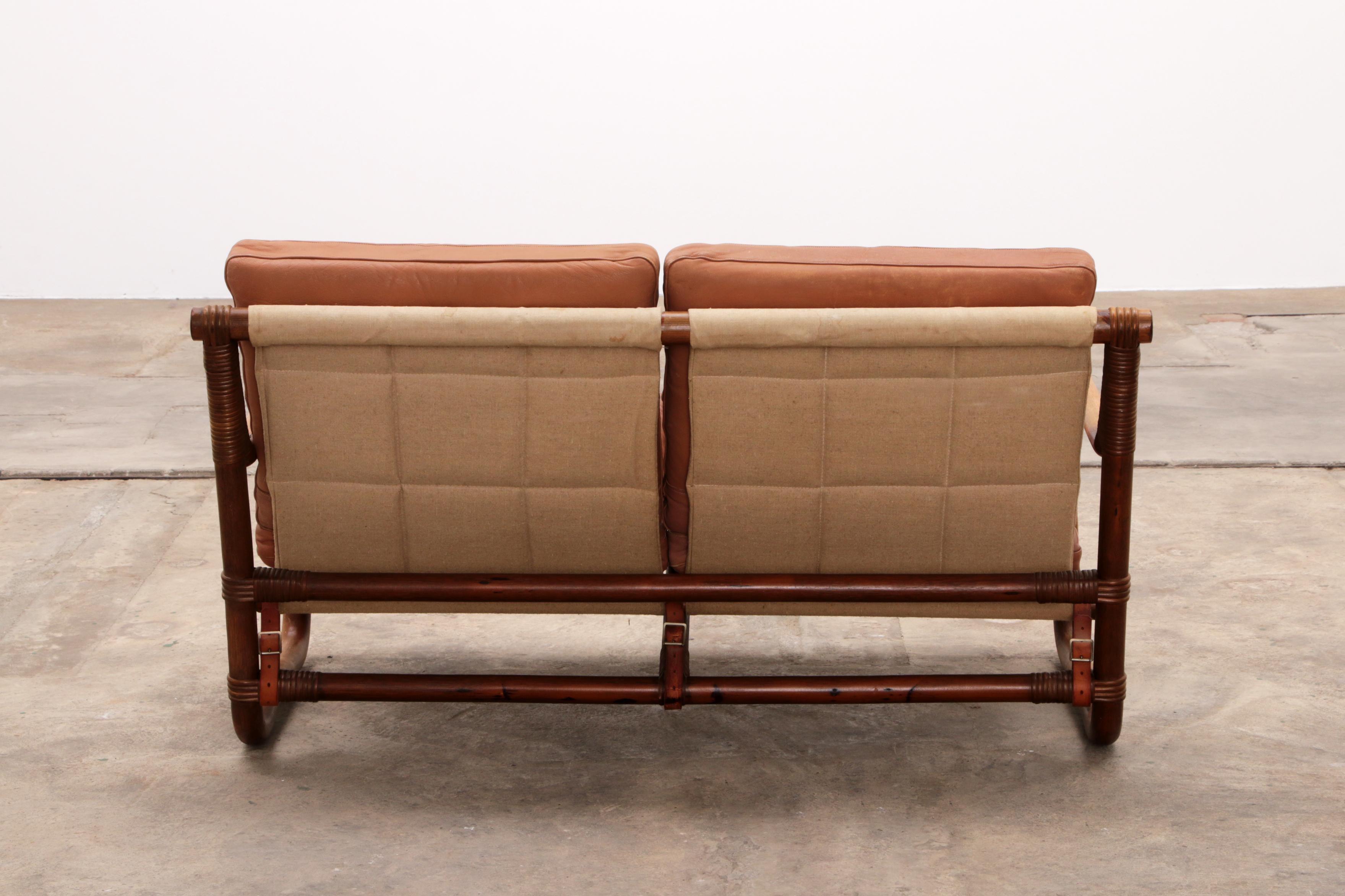 Leather Vintage Bamboo garden set with leather cushions, 1970 Norway. For Sale
